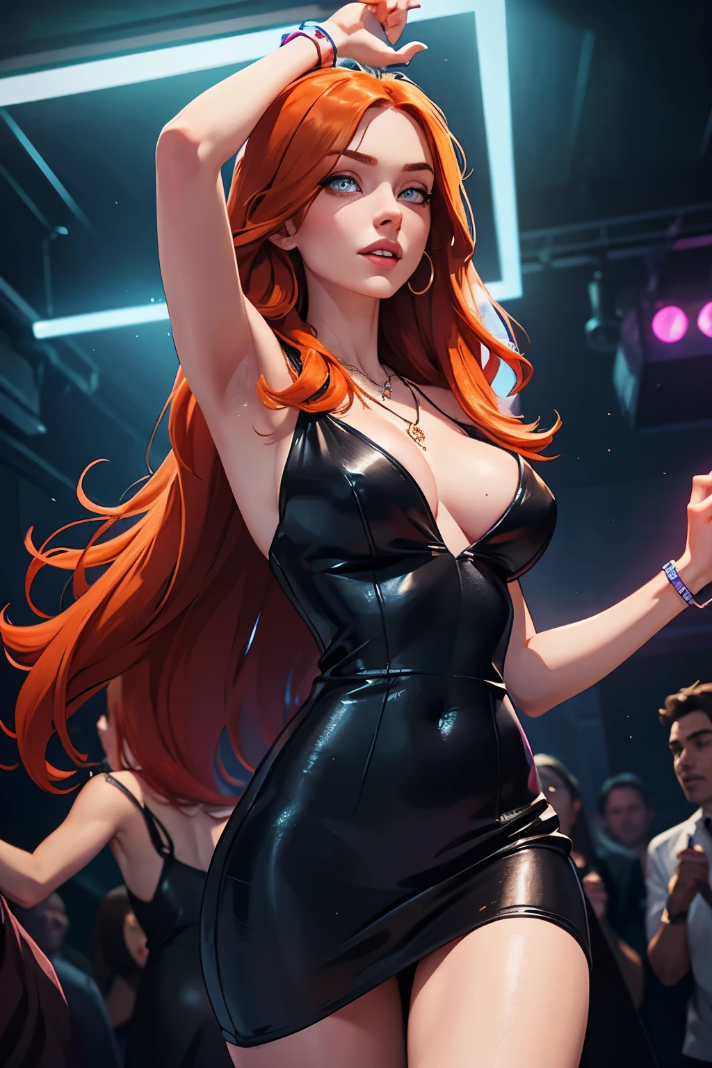 1girl,a beautiful fashion model ,(masterpiece, detailed background, best quality),short and shiny hair, red hair, hair with highlights, bangs, smirk,juicy lips,red lips, calmart, lingerie, stripping, elegant makeup, blue eyes, full body shot, (shiny skin), cyberpunk, sci fi, boa, extravagant jewelry, cocky expression, covered in jewelry, fancy, club outfit, shiny skin, wet skin. running hand through hair, leaning on wall, hair flip, sweat, dj, lights, beat spins you round, (((dance club))), black leather outfit