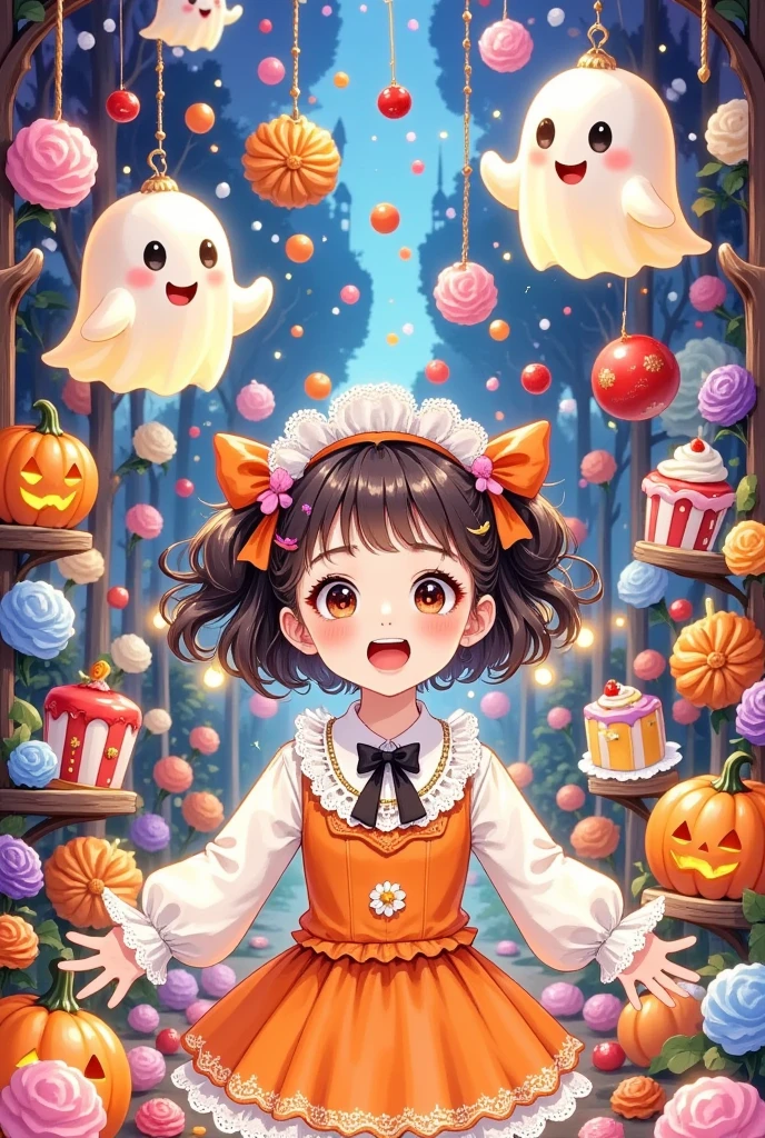  exquisite cartoon digital illustration：  cute ghosts and girls，Make an exquisite cartoon digital illustration for the game  ，teeth， laughing out loud ，Open your arms。wow！！！Candy rain，Lots of candy，