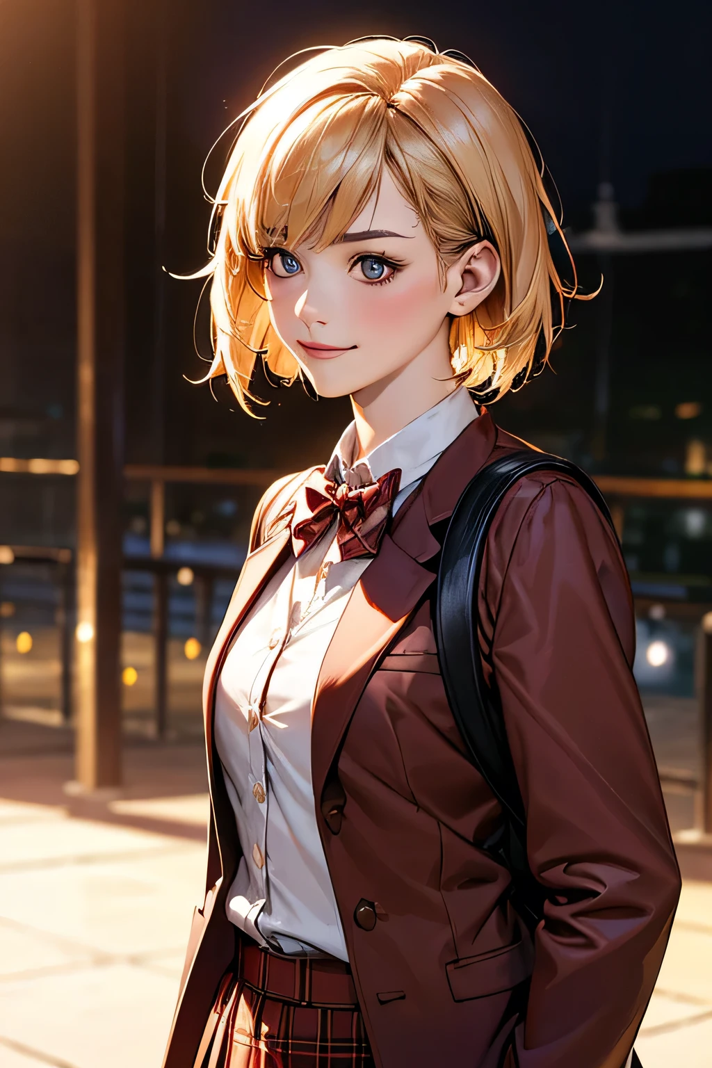 (masterpiece:1.2, top-quality), (realistic, photorealistic:1.4), beautiful illustration, (natural side lighting, movie lighting), 16k, very detailed, detailed background, detailed eyes, perfect fingers, sharp focus, incredibly absurdres, highres, texture, clear detail, extremely detailed, cinematic lighting, best quality, the most beautiful woman in the world, short bob blonde hair, glossy hair, red thin ribbon on her hair, school uniform, closed red blazer, classic style with red shirt and plaid skirt, formal look, red bow tie, (brown square back pack), impish smile,