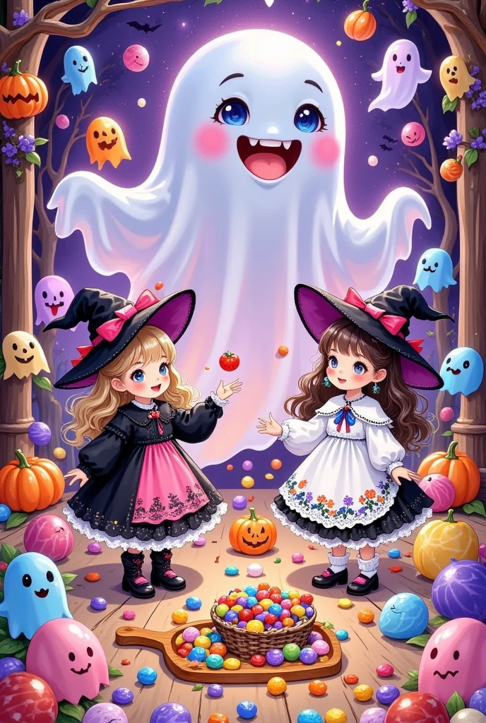  exquisite cartoon digital illustration： cute ghost and witch girl，Make an exquisite cartoon digital illustration for the game  ，teeth， laughing out loud ，Open your arms。wow！！！Candy rain，Lots of candy，