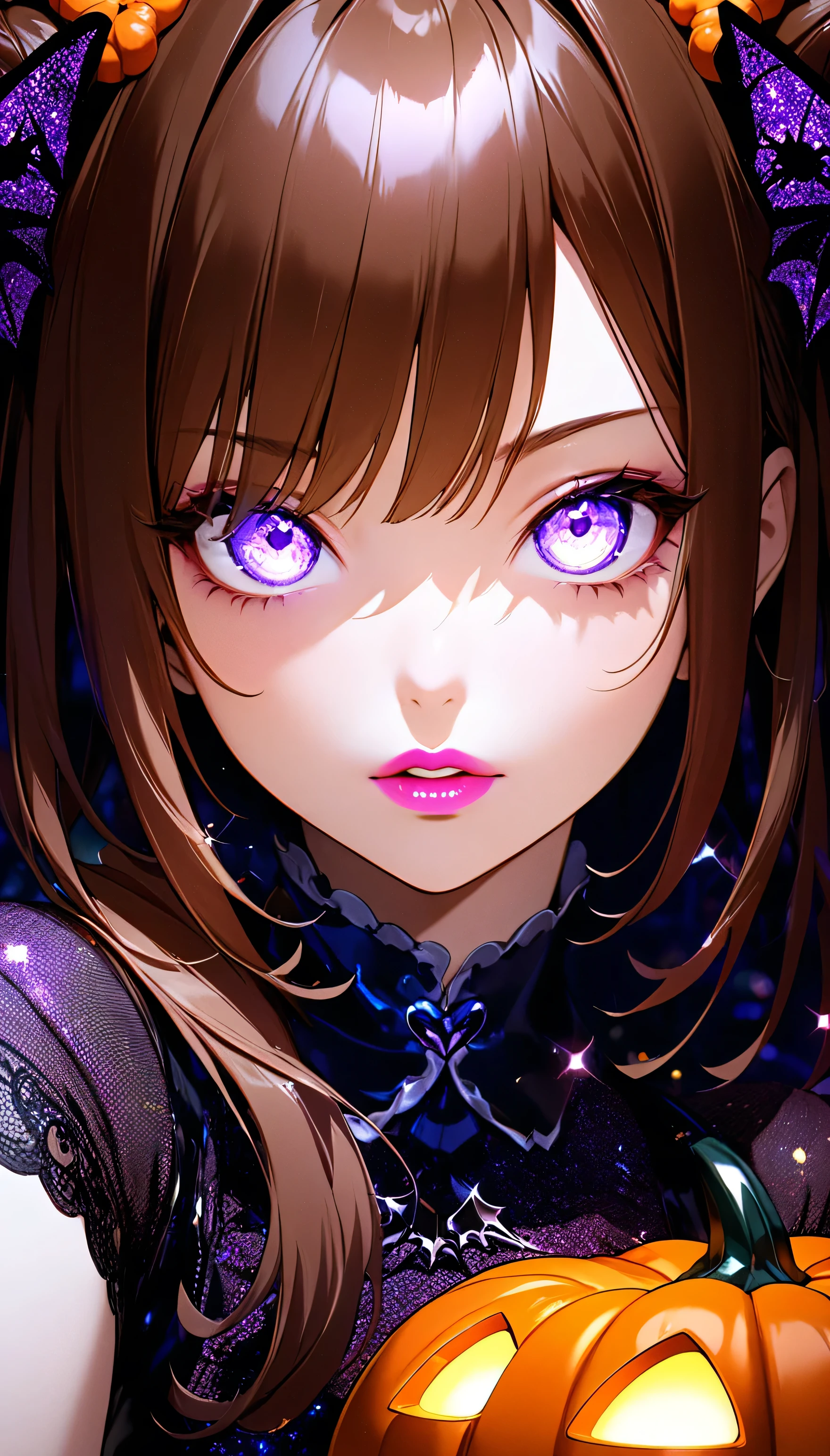 (beautiful girl:1.3),masterpiece,Please redeem,Ultra-high resolution,rich contrast,Very high quality,8k,Highly detailed CG unit wallpaper,Texture,So ridiculous,RAW Photos,Highest quality anime,Depth of written boundary 1.2,ultra-detailed eyes,Glowing Skin,Glitter Effect,Beautiful glossy lips,(double pumpkinbuns,Brown Hair),( Halloween ),Looks like she&#39;s about 15,ROUGH,(The tip of the skirt is equipped with a round light that emits yellow light).big and round butt,girl　Alone, fantastic,(Rear View:2.0),(Close-up on the nape:2.0),(smile, closed mouth),