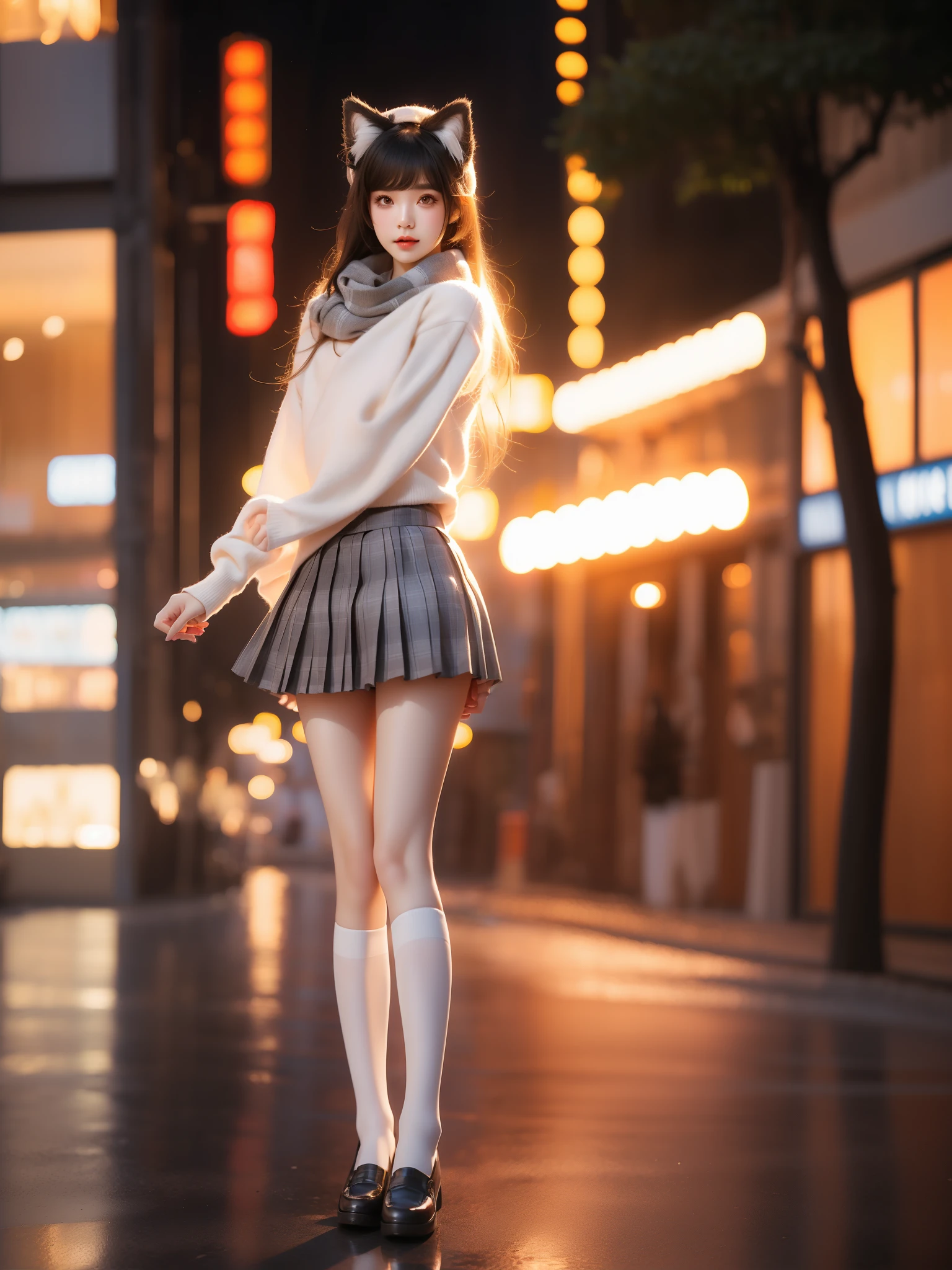 type 95 jkbyj, 1girl, solo, cosplay, type 95 \(girls' frontline\),
scarf, school uniform, shirt, long sleeves, plaid pleated skirt,kneehighs, loafers,
animal ears, animal ear fluff, cat ears,
 ,((full body)), (Asian beauty: 1.3), girl, solo, ((Pleated skirts, short skirts, , very short hemline)), (toned body: 1.2), (naturally large breasts: 1.1), (visible cleavage: 0.8), (smooth flawless skin: 1.2), (perfect anatomical proportions: 1.3), (anatomically correct legs: 1.3), (elegantly long legs: 1.3), 1.1) Hands gently lift the skirt, (detailed features: 1.2), (big bright eyes: 1.1), (long eyelashes: 1.1), charming smile, gentle and confident expression, Head slightly tilted, long flowing hair, (night scene: 1.1), (starry sky: 1.0), (space background: 0.9), (professional soft light: 1.2), (warm tone: 1.1), (Masterpiece: 1.4), (Super Detail: 1.3), (Sharp focus: 1.2), (Realistic: 1.2), (Hi-Fi: 1.1)