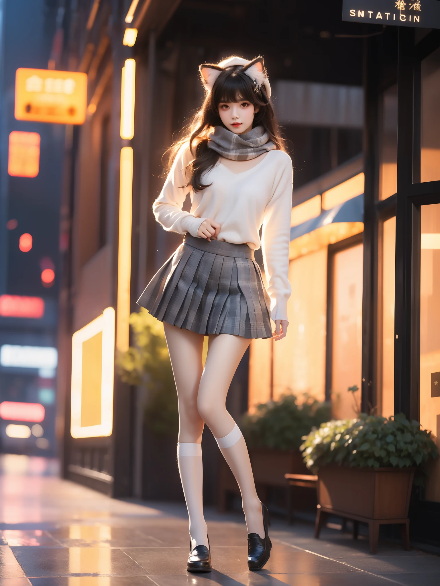 type 95 jkbyj, 1girl, solo, cosplay, type 95 \(girls' frontline\),
scarf, school uniform, shirt, long sleeves, plaid pleated skirt,kneehighs, loafers,
animal ears, animal ear fluff, cat ears,
 ,((full body)), (Asian beauty: 1.3), girl, solo, ((Pleated skirts, short skirts, , very short hemline)), (toned body: 1.2), (naturally large breasts: 1.1), (visible cleavage: 0.8), (smooth flawless skin: 1.2), (perfect anatomical proportions: 1.3), (anatomically correct legs: 1.3), (elegantly long legs: 1.3), 1.1) Hands gently lift the skirt, (detailed features: 1.2), (big bright eyes: 1.1), (long eyelashes: 1.1), charming smile, gentle and confident expression, Head slightly tilted, long flowing hair, (night scene: 1.1), (starry sky: 1.0), (space background: 0.9), (professional soft light: 1.2), (warm tone: 1.1), (Masterpiece: 1.4), (Super Detail: 1.3), (Sharp focus: 1.2), (Realistic: 1.2), (Hi-Fi: 1.1)