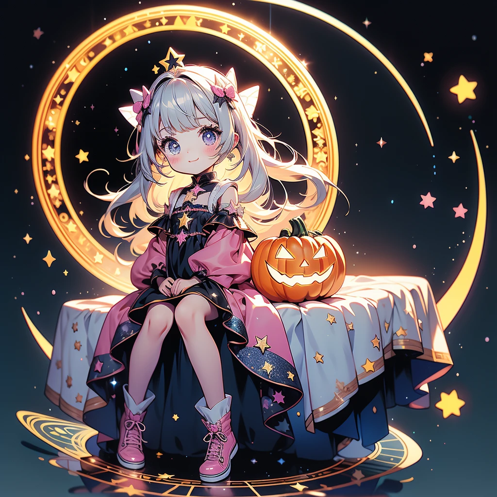 Chibi、cutestarの妖精、cute、（ beautiful eyes、Detailed eyes）、（ BEST DETAILS 、The best configuration、 perfect anatomy）、Full body front、Front、 facing the viewer、One Girl, best quality 、masterpiece、official art、Super detailed、 so beautiful、Pumpkin Fairy、Gray Hair、 straight long hair、milky way、Universe、star charm、star、baby face、 long boots for stepping on bread, magic circle、houndstooth、smile、Magenta Neon Light、Hope and expectation、 trick or treat、 Halloween 、🎃、 Halloween の衣装、orange and white goth costume、star、流star群、universe、 neon light enhances cuteness、dynamic、I'm sitting on a magic cane、sitting on the crescent moon、pink neon light border、