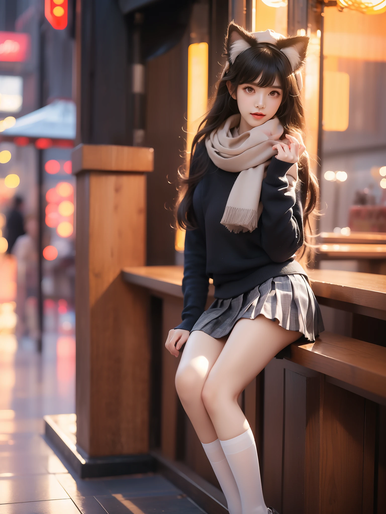 type 95 jkbyj, 1girl, solo, cosplay, type 95 \(girls' frontline\),
scarf, school uniform, shirt, long sleeves, plaid pleated skirt,kneehighs, loafers,
animal ears, animal ear fluff, cat ears,
 ,((full body)), (Asian beauty: 1.3), girl, solo, ((Pleated skirts, short skirts, , very short hemline)), (toned body: 1.2), (naturally large breasts: 1.1), (visible cleavage: 0.8), (smooth flawless skin: 1.2), (perfect anatomical proportions: 1.3), (anatomically correct legs: 1.3), (elegantly long legs: 1.3), 1.1) Hands gently lift the skirt, (detailed features: 1.2), (big bright eyes: 1.1), (long eyelashes: 1.1), charming smile, gentle and confident expression, Head slightly tilted, long flowing hair, (night scene: 1.1), (starry sky: 1.0), (space background: 0.9), (professional soft light: 1.2), (warm tone: 1.1), (Masterpiece: 1.4), (Super Detail: 1.3), (Sharp focus: 1.2), (Realistic: 1.2), (Hi-Fi: 1.1)