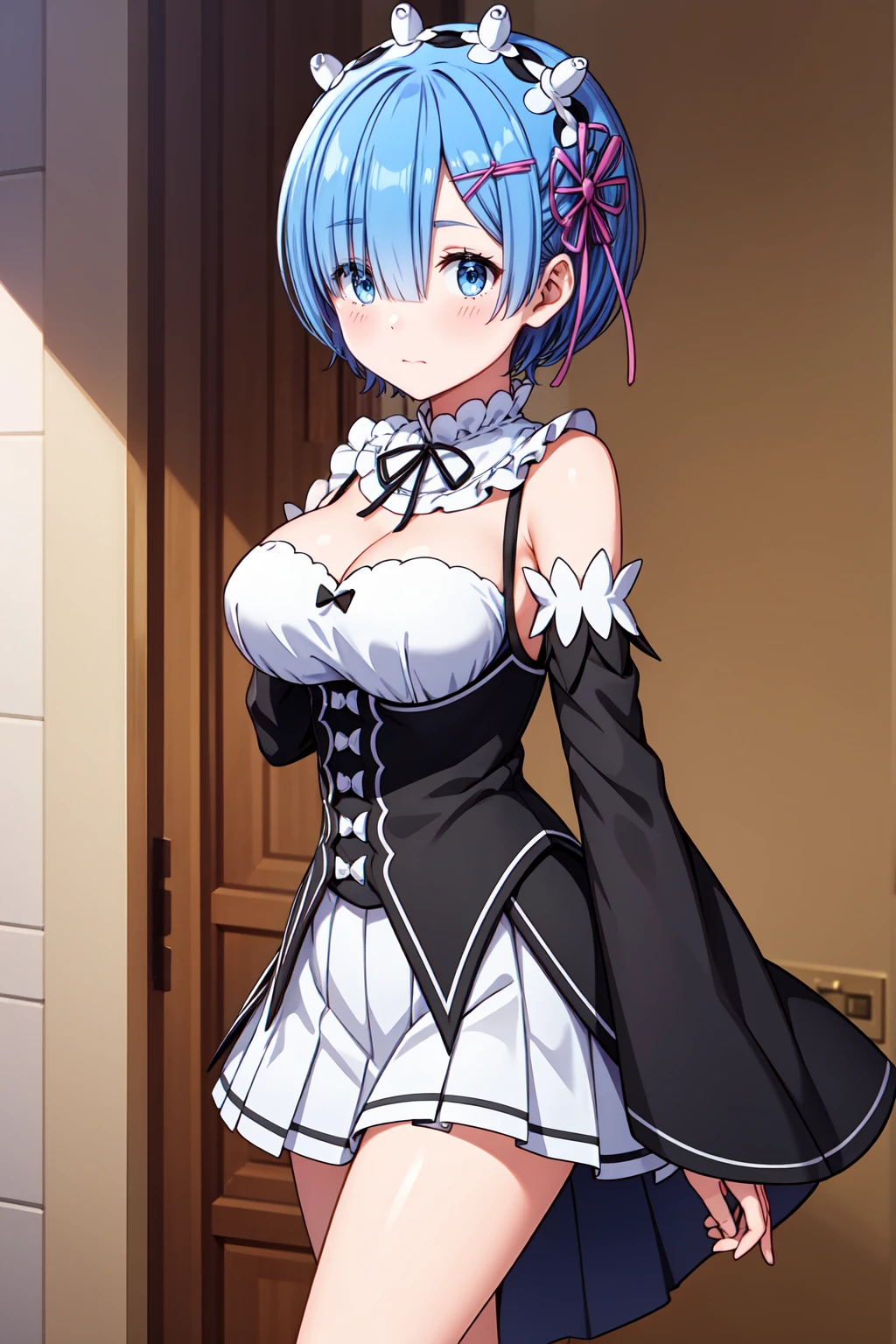 (masterpiece, best quality:1.2), (8k, extremely detailed CG), rem, rem_re_zero, 1girl, blue eyes, blue hair, short hair, hair over one eye, (off-shoulder shirt, pleated skirt), (cleavage:1.2), dynamic pose