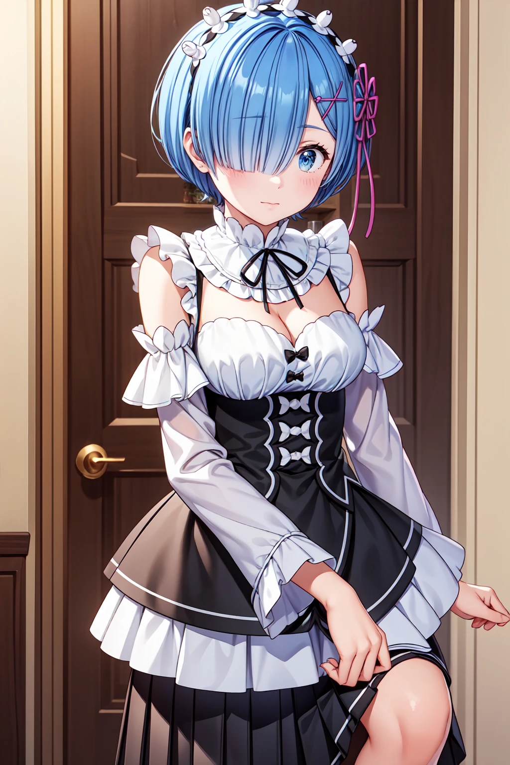 (masterpiece, best quality:1.2), (8k, extremely detailed CG), rem, rem_re_zero, 1girl, blue eyes, blue hair, short hair, hair over one eye, (off-shoulder shirt, pleated skirt), (cleavage:1.2), dynamic pose