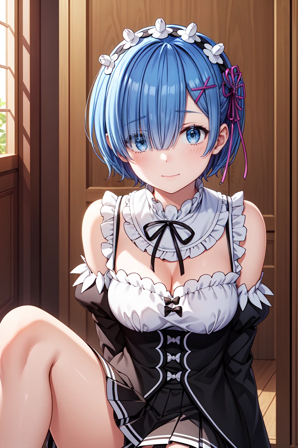 (masterpiece, best quality:1.2), (8k, extremely detailed CG), rem, rem_re_zero, 1girl, blue eyes, blue hair, short hair, hair over one eye, (off-shoulder shirt, pleated skirt), (cleavage:1.2), dynamic pose