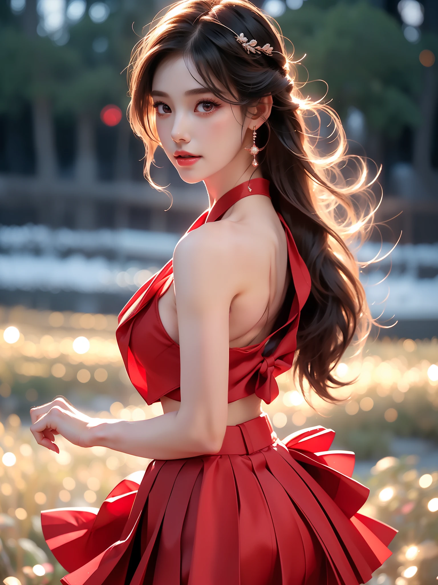 red skirt
red bowtie
 ,((full body)), (Asian beauty: 1.3), girl, solo, ((Pleated skirts, short skirts, , very short hemline)), (toned body: 1.2), (naturally large breasts: 1.1), (visible cleavage: 0.8), (smooth flawless skin: 1.2), (perfect anatomical proportions: 1.3), (anatomically correct legs: 1.3), (elegantly long legs: 1.3), 1.1) Hands gently lift the skirt, (detailed features: 1.2), (big bright eyes: 1.1), (long eyelashes: 1.1), charming smile, gentle and confident expression, Head slightly tilted, long flowing hair, (night scene: 1.1), (starry sky: 1.0), (space background: 0.9), (professional soft light: 1.2), (warm tone: 1.1), (Masterpiece: 1.4), (Super Detail: 1.3), (Sharp focus: 1.2), (Realistic: 1.2), (Hi-Fi: 1.1)