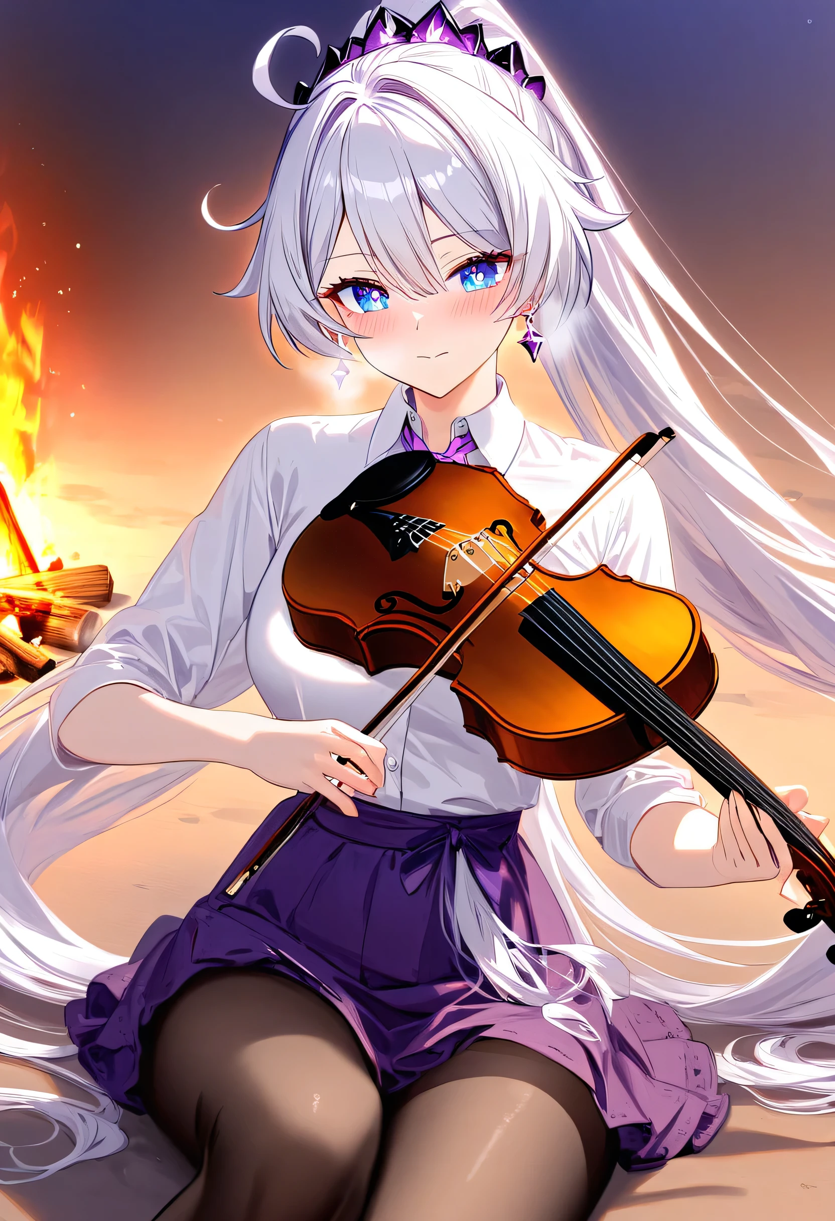 
A girl is playing violin bow by the campfire, campfire circle, acoustic violin bow, playing instrument, strumming gently, medium close-up, under the warm glow of the fire with friends listening and stars twinkling above, 1girl, adult grown woman, kiana kaslana \(honkai impact 3rd\), herrscher of finality, white hair, ahoge, ponytail, very long hair, blue eyes, purple pupils, medium breast, skinny skin, blush, closed mouth, heavy breathing, White shirt, Collared shirt, Short skirt, purple Skirt, pantyhose, (masterpiece:1.2), (best quality:1.2), (very aesthetic:1.2), (absurdres:1.2), (detailed background), (detailed face:1.1), masterpiece, best quality, beautiful detailed eyes, 