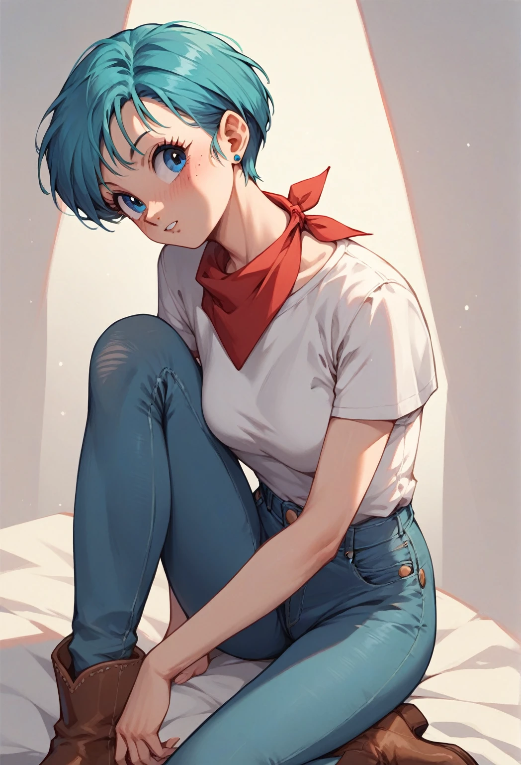 Original style, Bulma, short hair, blue eyes, blue hair, White short-sleeved shirt, jeans, red kerchief around the neck, cowboy boots  