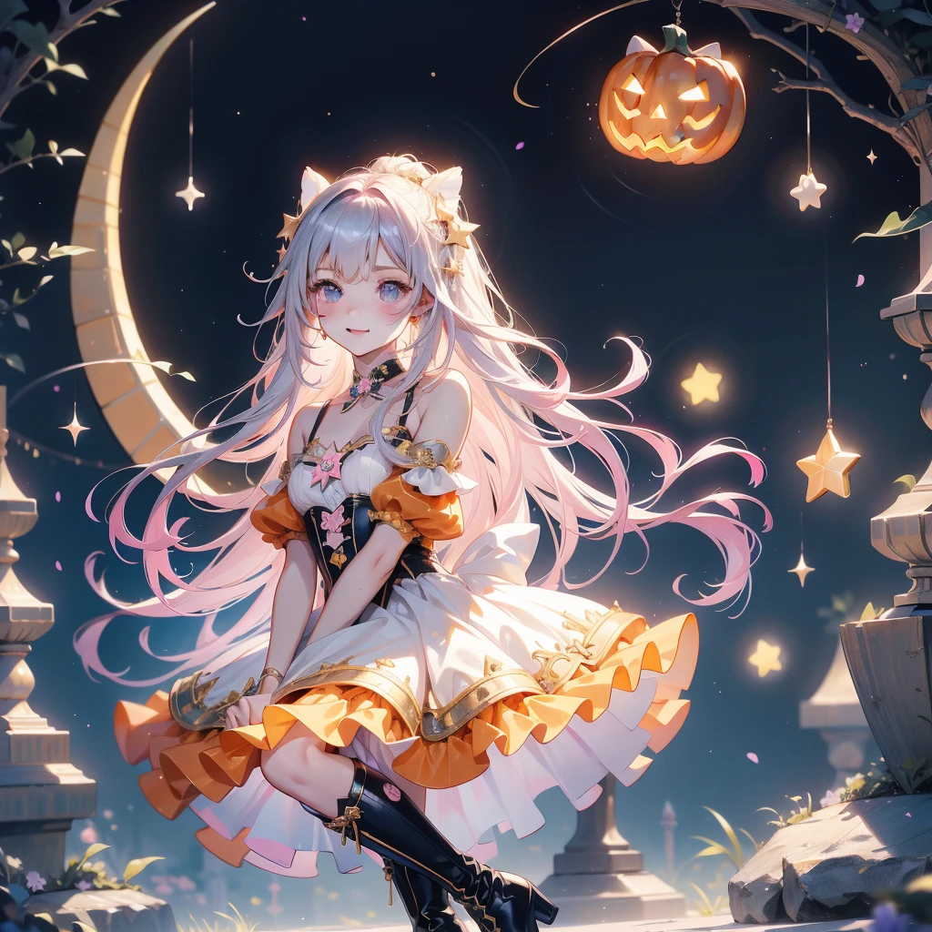 Chibi、cutestarの妖精、cute、（ beautiful eyes、Detailed eyes）、（ BEST DETAILS 、The best configuration、 perfect anatomy）、Full body front、Front、 facing the viewer、One Girl, best quality 、masterpiece、official art、Super detailed、 so beautiful、Pumpkin Fairy、Gray Hair、 straight long hair、milky way、Universe、star charm、star、、 long boots for stepping on bread, magic circle、houndstooth、smile、Magenta Neon Light、Hope and expectation、 trick or treat、 Halloween 、🎃、 Halloween の衣装、orange and white goth costume、star、流star群、universe、 neon light enhances cuteness、dynamic、I'm sitting on a magic cane、sitting on the crescent moon、pink neon light border、