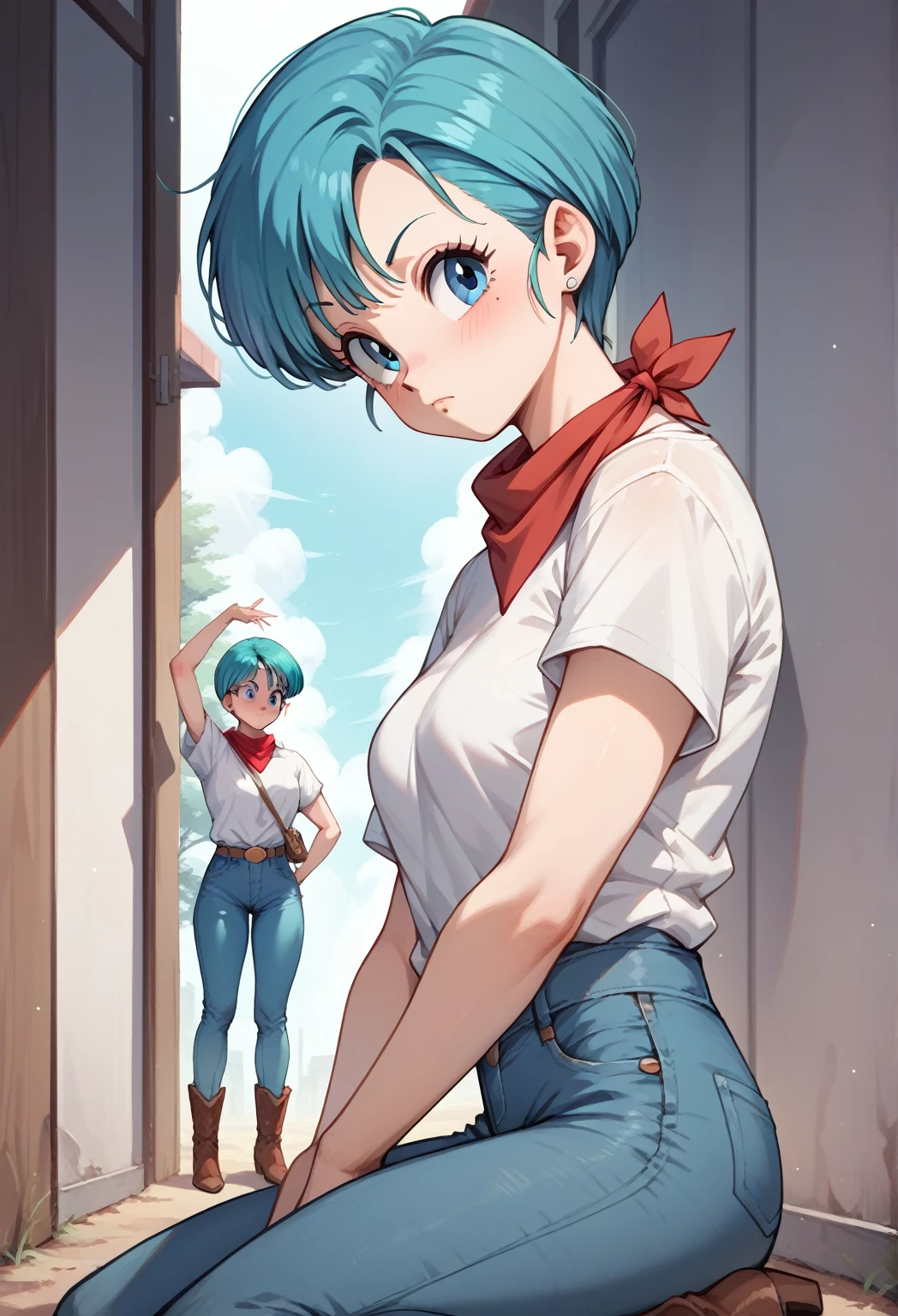 Original style, Bulma, short hair, blue eyes, blue hair, White short-sleeved shirt, jeans, red kerchief around the neck, cowboy boots  