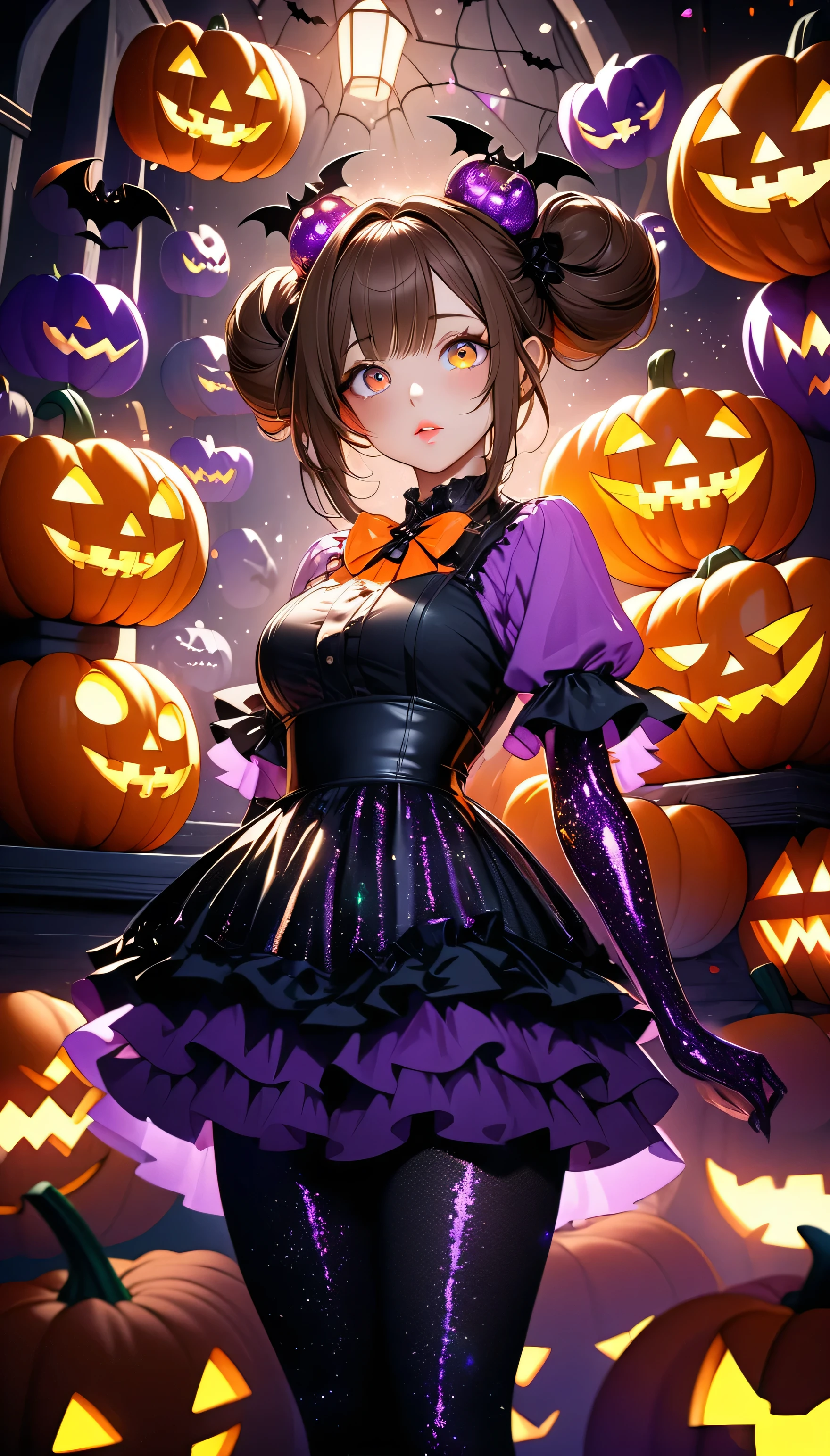 (beautiful girl:1.3),masterpiece,Please redeem,Ultra-high resolution,rich contrast,Very high quality,8k,Highly detailed CG unit wallpaper,Texture,So ridiculous,RAW Photos,Highest quality anime,Depth of written boundary 1.2,ultra-detailed eyes,Glowing Skin,Glitter Effect,Beautiful glossy lips,(double pumpkinbuns,Brown Hair),( Halloween ),Looks like she&#39;s about 15,ROUGH,big and round butt, fantastic,(from side:2.0),(smile, closed mouth),