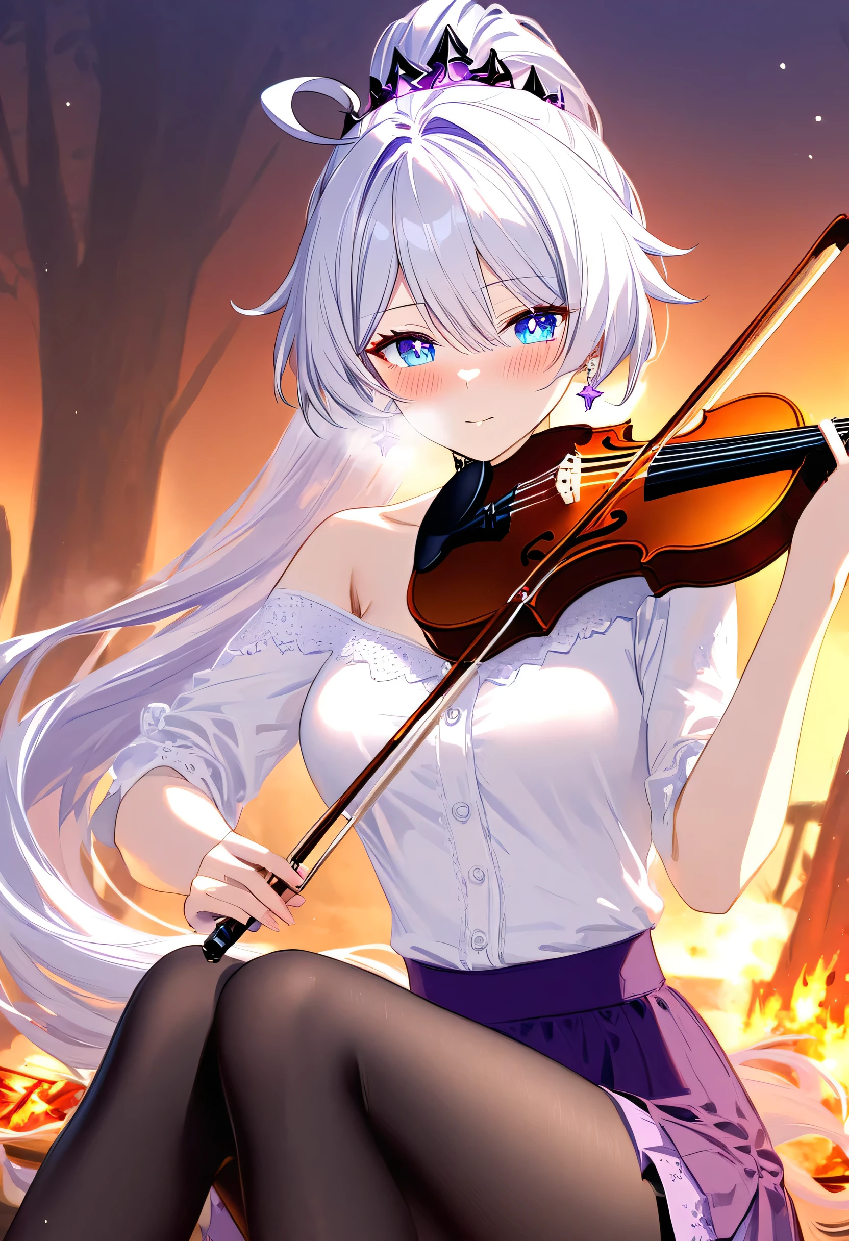 
A girl is playing violin bow by the campfire, campfire circle, acoustic violin bow, playing instrument, strumming gently, medium close-up, under the warm glow of the fire with friends listening and stars twinkling above, 1girl, adult grown woman, kiana kaslana \(honkai impact 3rd\), herrscher of finality, white hair, ahoge, ponytail, very long hair, blue eyes, purple pupils, medium breast, skinny skin, blush, closed mouth, heavy breathing, White shirt, Collared shirt, Short skirt, purple Skirt, pantyhose, (masterpiece:1.2), (best quality:1.2), (very aesthetic:1.2), (absurdres:1.2), (detailed background), (detailed face:1.1), masterpiece, best quality, beautiful detailed eyes, 