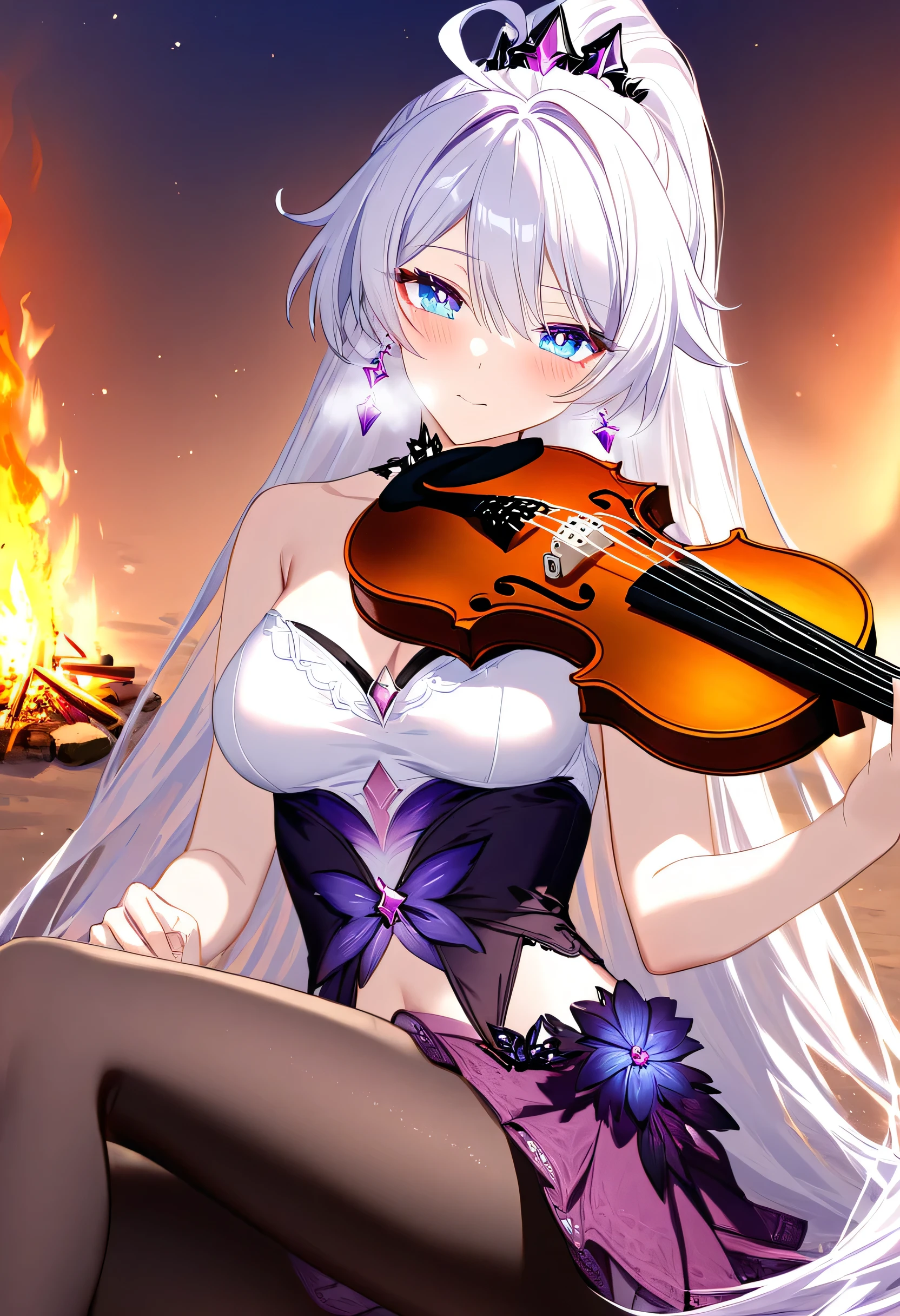 
A girl is playing violin bow by the campfire, campfire circle, acoustic violin bow, playing instrument, strumming gently, medium close-up, under the warm glow of the fire with friends listening and stars twinkling above, 1girl, adult grown woman, kiana kaslana \(honkai impact 3rd\), herrscher of finality, white hair, ahoge, ponytail, very long hair, blue eyes, purple pupils, medium breast, skinny skin, blush, closed mouth, heavy breathing, White shirt, Collared shirt, Short skirt, purple Skirt, pantyhose, (masterpiece:1.2), (best quality:1.2), (very aesthetic:1.2), (absurdres:1.2), (detailed background), (detailed face:1.1), masterpiece, best quality, beautiful detailed eyes, 