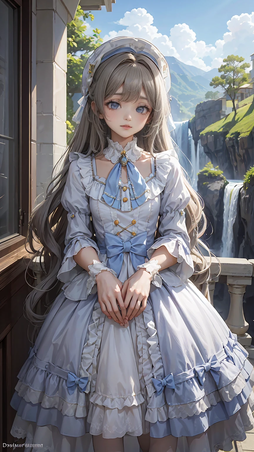 (masterpiece:1.2),(4K), high quality,  super high definition,(  perfect anatomy),( 1 girl), It's a person  ,Silver long hair,  Beautiful Delicate Blue Eyes  , Faces smiling indoors  , Viewers,Long Sleeve Petal Collar Blouse  , White Newsboy Cap ,Tiered skirt,Unfairly Beautiful,Dreamy and romantic, Fantastic and Dreamy Theme ,  Mysterious Atmosphere  ,  Enchanting Dreams  ,  beautiful scenery  , Add dramatic and iconic elements to your scene,Near the waterfall
