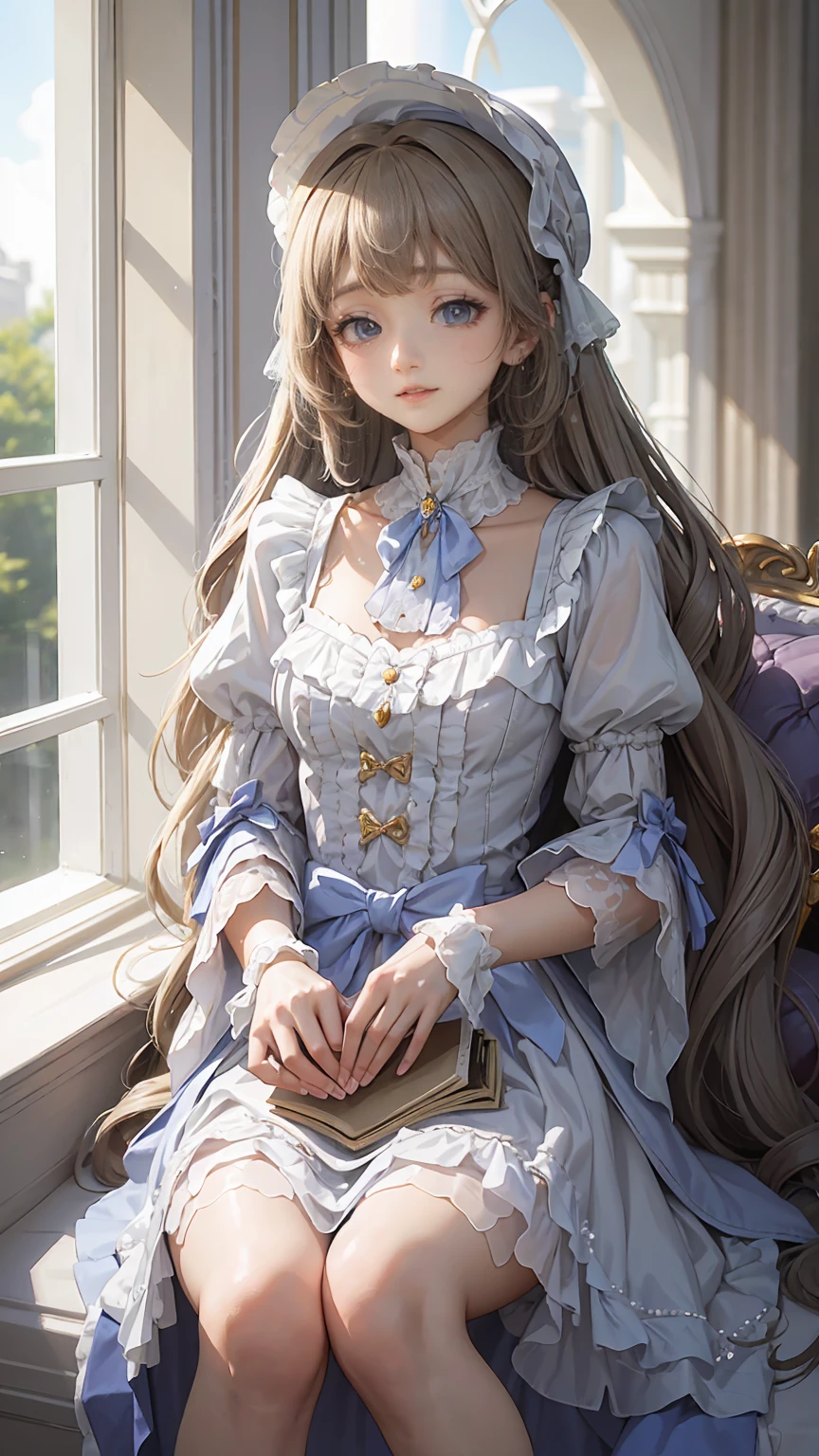 (masterpiece:1.2),(4K), high quality,  super high definition,(  perfect anatomy),( 1 girl), It's a person  ,Silver long hair,  Beautiful Delicate Blue Eyes  , Faces smiling indoors  , Viewers,Long Sleeve Petal Collar Blouse  , White Newsboy Cap ,Tiered skirt,Unfairly Beautiful,Dreamy and romantic, Fantastic and Dreamy Theme ,  Mysterious Atmosphere  ,  Enchanting Dreams  ,  beautiful scenery  , Add dramatic and iconic elements to your scene,Near the waterfall
