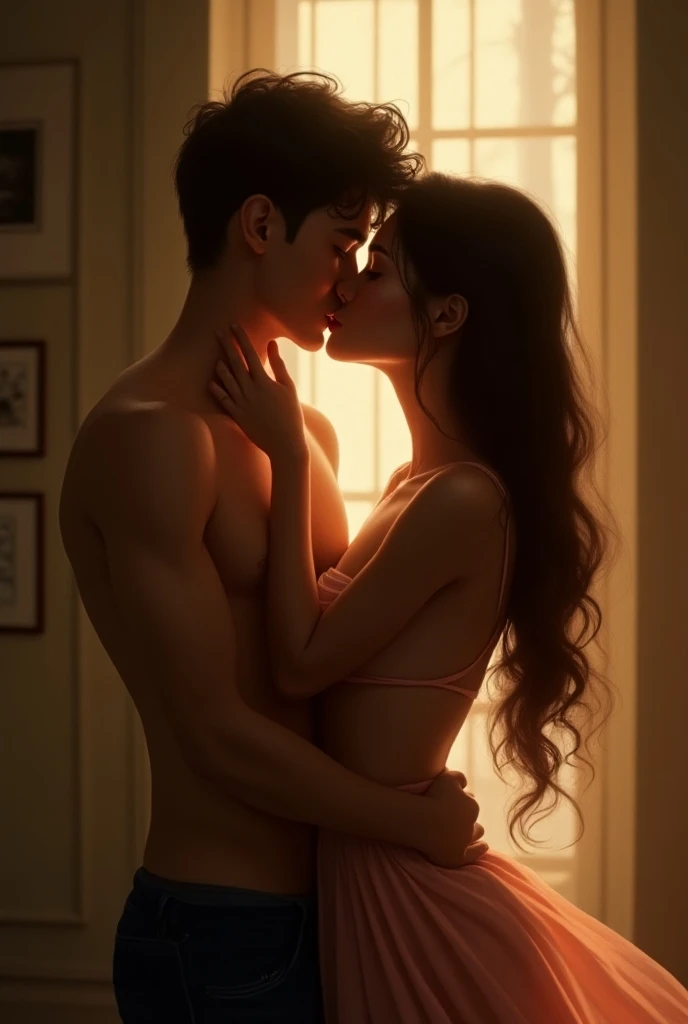 (masterpiece, RAW, 32K, UHD, hyper realistic, best quality),Young boy shirtless kissing and making out passionately with a woman topless wearing a saree leaning on windowsill, natural light, intense and intimate, lustful