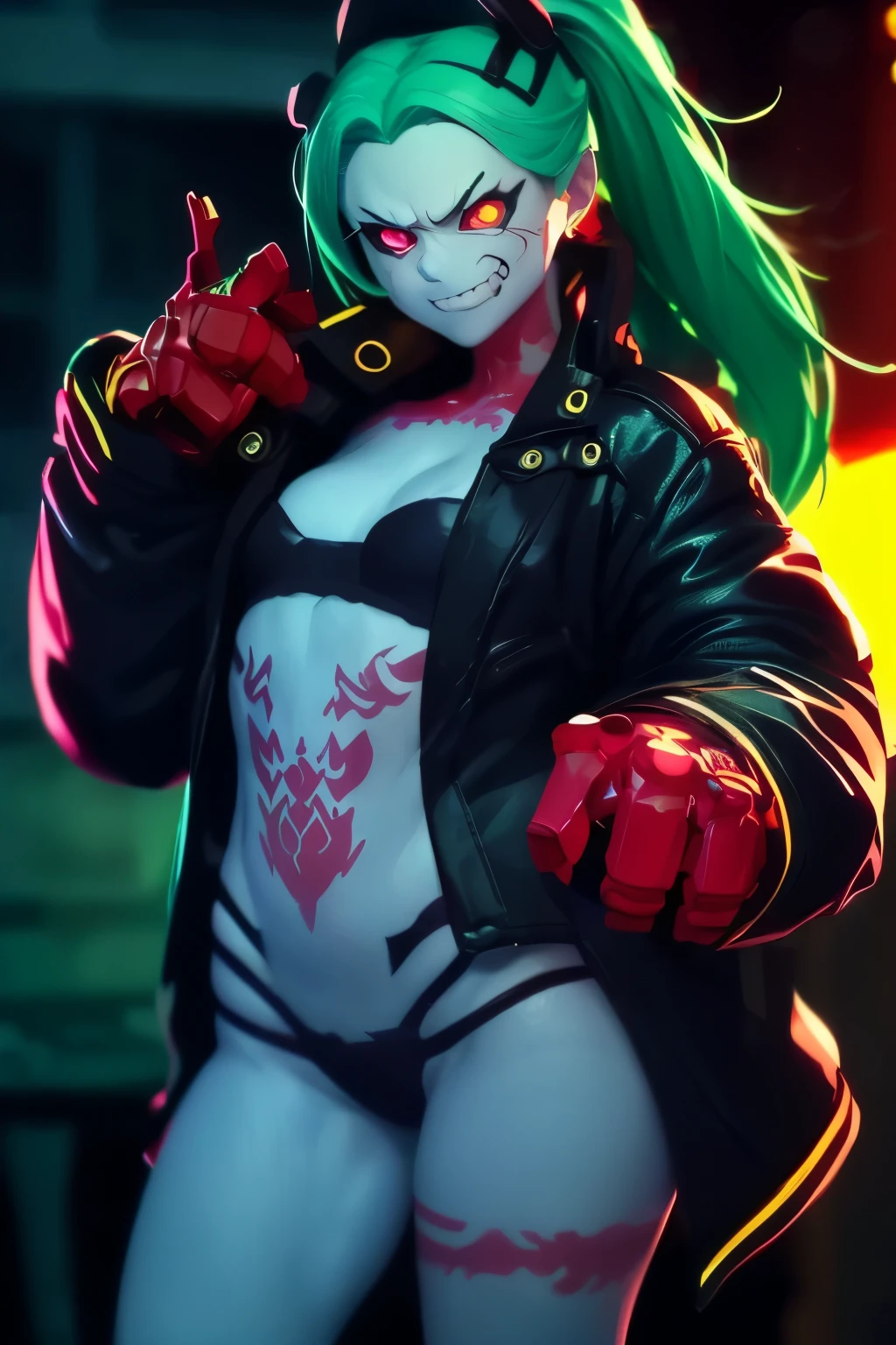 Rebecca, 1girl, young girl, 1 , futuristic cyberpunk, lewd grin, (twin tail, hairband, colored sclera, red sclera, green hair, green pupils, fang, red eyes, wearing a little sexy clothes, black croped jacket ), ((skinny body, tattoo)) , ((Showing hand:1.4)), ((psycho face, creppy smiling. Angry face )), cinematic, ultra highly detailed, beautiful details, vivid, saturated colors, filigree detailed, tiny details, pop surrealism, cowboy shot. hyper-realistic style, highly detailed textures, reflective and glossy surfaces, cinematic lighting, neon lights reflecting off her skin, urban cyberpunk cityscape in the background, (vivid colors), (high contrast), (sharp focus), (bokeh effect in the background), (moody atmosphere), (digital painting style), (masterpiece: 2), best quality, ultra highres, original, extremely detailed, perfect lighting. ((Abandoned urban wall background ))