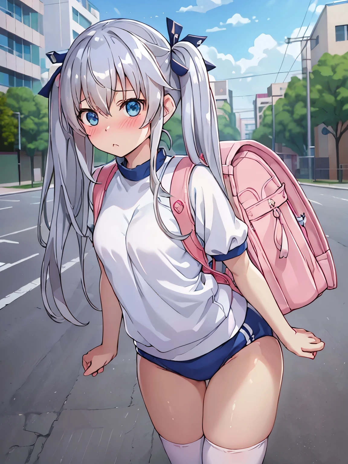 (8k、Best Quality、Best Quality、masterpiece)、Detailed face、One Girl、 

Silver Hair、 blue eyes 、 twin tails、Small breasts、

celia claire,

carrying randoseru backpack and wearing navy buruma and gym uniform with colored hem,

Thighs、

(blush、 embarrassing:1.3)、

street、