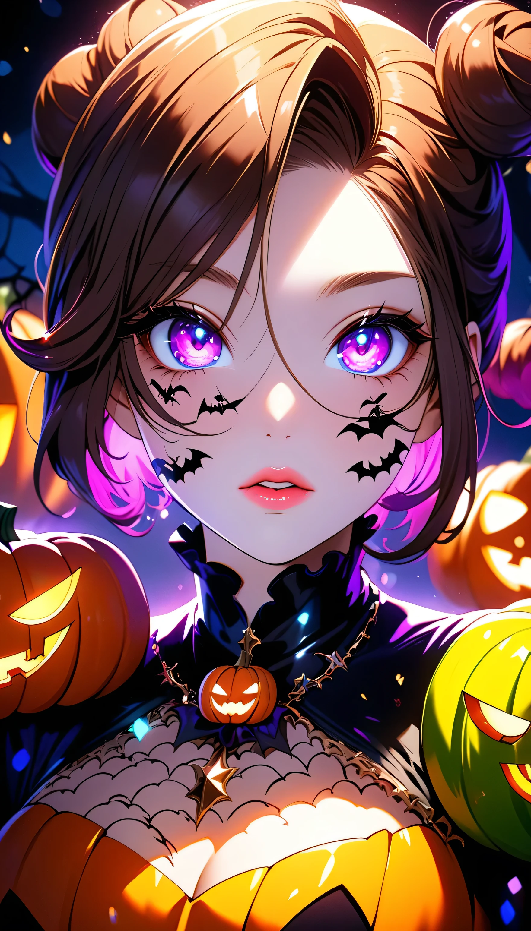 (beautiful girl:1.3),masterpiece,Please redeem,Ultra-high resolution,rich contrast,Very high quality,8k,Highly detailed CG unit wallpaper,Texture,So ridiculous,RAW Photos,Highest quality anime,Depth of written boundary 1.2,ultra-detailed eyes,Glowing Skin,Glitter Effect,Beautiful glossy lips,(double pumpkinbuns,Brown Hair),( Halloween ),Looks like she&#39;s about 15,ROUGH,(The tip of the skirt is equipped with a round light that emits yellow light).big and round butt,girl　Alone, fantastic,(Rear View:2.0),(Close-up on the nape:2.0),(smile, closed mouth),