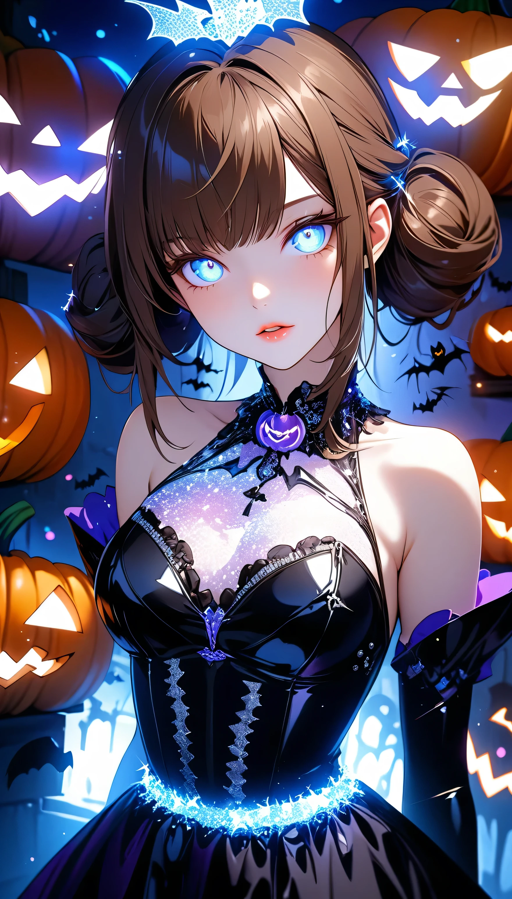 (beautiful girl:1.3),masterpiece,Please redeem,Ultra-high resolution,rich contrast,Very high quality,8k,Highly detailed CG unit wallpaper,Texture,So ridiculous,RAW Photos,Highest quality anime,Depth of written boundary 1.2,ultra-detailed eyes,Glowing Skin,Glitter Effect,Beautiful glossy lips,(double pumpkinbuns,Brown Hair),( Halloween ),Looks like she&#39;s about 15,ROUGH,(The tip of the skirt is equipped with a round light that emits yellow light).big and round butt,girl　Alone, fantastic,(Rear View:2.0),(Close-up on the nape:2.0),(smile, closed mouth),