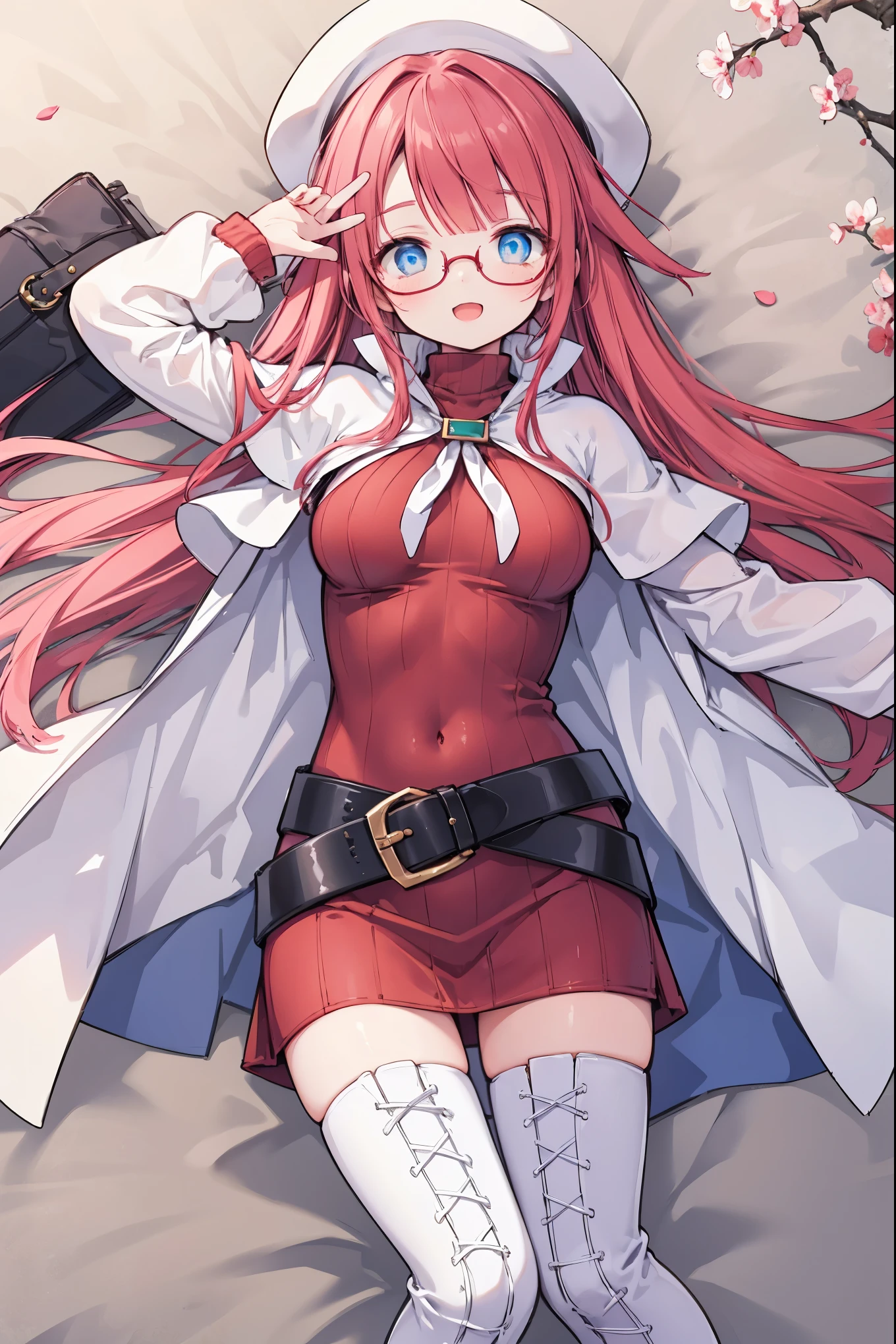 best quality, integrated scenery, integrated background, extremely delicate and beautiful, meticulous details, good composition, cute face, perfect face, perfect hands ,summonnightaty, aty, (young:1.3),long hair, blue eyes, red hair, large_breasts, hat, glasses,
BREAK long hair, thighhighs, dress,  glasses, belt, cape, sweater, turtleneck ,zettai ryouiki, beret, thigh boots, white footwear, ribbed sweater, loose belt,solo,
BREAK outdoors, fantasy,
,Highquality_hads,perfect_fingers,
BREAK , best quality, high resolution, unity 8k wallpaper, (illustration:0.8), (beautiful detailed eyes:1.6), extremely detailed face, perfect lighting, extremely detailed CG, (perfect hands, perfect anatomy),(covered_nipples:0.6),(covered_navel:0.6) ,half_eyes,sleepy_eyes,red_sweater,rise_knee,light_Smile,rise_hand,open_arms,beach_landscape,plump,open_mouth,solo, lie_down,,incoming_hug,open_arms,(covered_breasts:1.5)