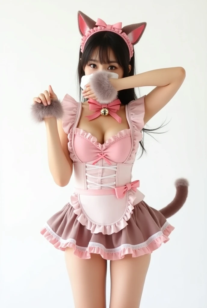 a young japanese cosplayer girl with big breasts wearing a Valentine mini maid costume(pink&brown),front view, kneehighsocks with fur, Absolute territory, wearing cat muzzle&fang covering face, fake cat ear headband, fake cat tail, hoof gloves with arms up, collar with bell, bow leg pose, pinheel, full body photo, front view showing tail, extremely detailed, masterpiece, best quality, ultra highres, original, perfect lighting, realistic, photo studio, white background, gravure photoshoot