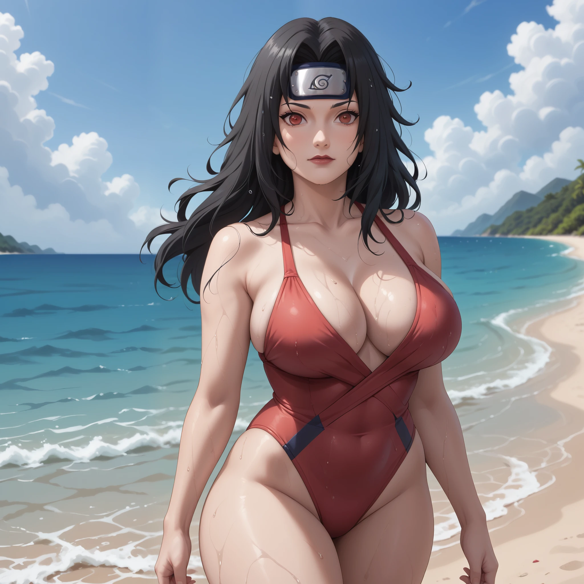 (mature woman :1.4, Kurenai_Yuhi_Naruto), (A Woman's Has black hair, red eyes, Long Hair), masterpiece, best quality, beach, blue sky, large breasts, cleavage, cloudy sky, collarbone, day, highleg swimsuit, horizon, one-piece swimsuit, red swimsuit, shore, sky, solo, standing, wading, water, wet body, ((RaikageArt Style)).