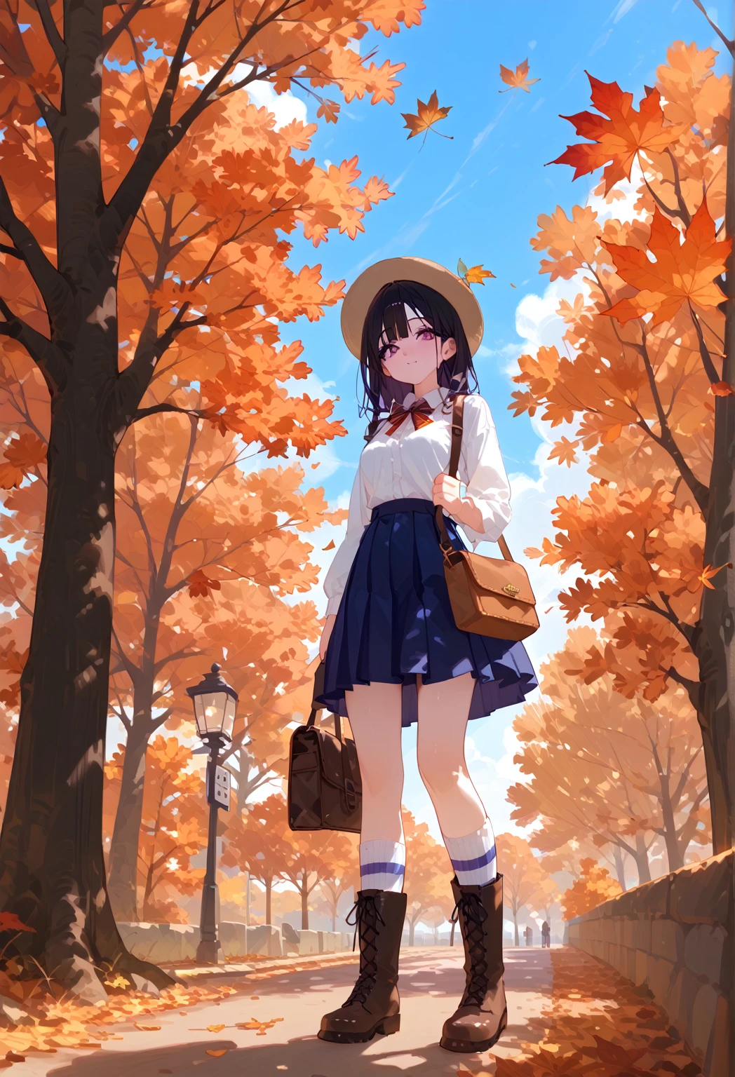 
 1girl, lamppost, solo, outdoors, striped, skirt, sky, purple eyes, black hair, boots, tree, socks, bag,striped kneehighs, blue skirt, looking at viewer, autumn, hat