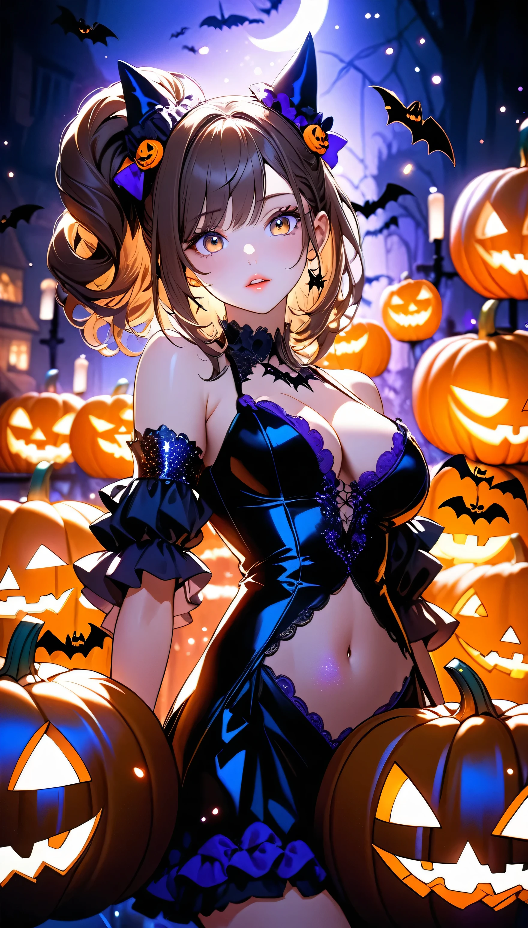 (beautiful girl:1.3),masterpiece,Please redeem,Ultra-high resolution,rich contrast,Very high quality,8k,Highly detailed CG unit wallpaper,Texture,So ridiculous,RAW Photos,Highest quality anime,Depth of written boundary 1.2,ultra-detailed eyes,Glowing Skin,Glitter Effect,Beautiful glossy lips,(double pumpkinbuns,Brown Hair),( Halloween ),Looks like she&#39;s about 15,ROUGH,(The tip of the skirt is equipped with a round light that emits yellow light).big and round butt,girl　Alone, fantastic,(Rear View:2.0),(Close-up on the nape:2.0),(smile, closed mouth),