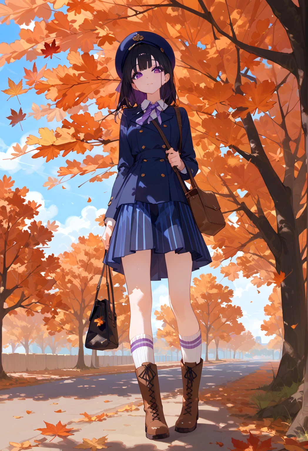 
 1girl, lamppost, solo, outdoors, striped, skirt, sky, purple eyes, black hair, boots, tree, socks, bag,striped kneehighs, blue skirt, looking at viewer, autumn, hat