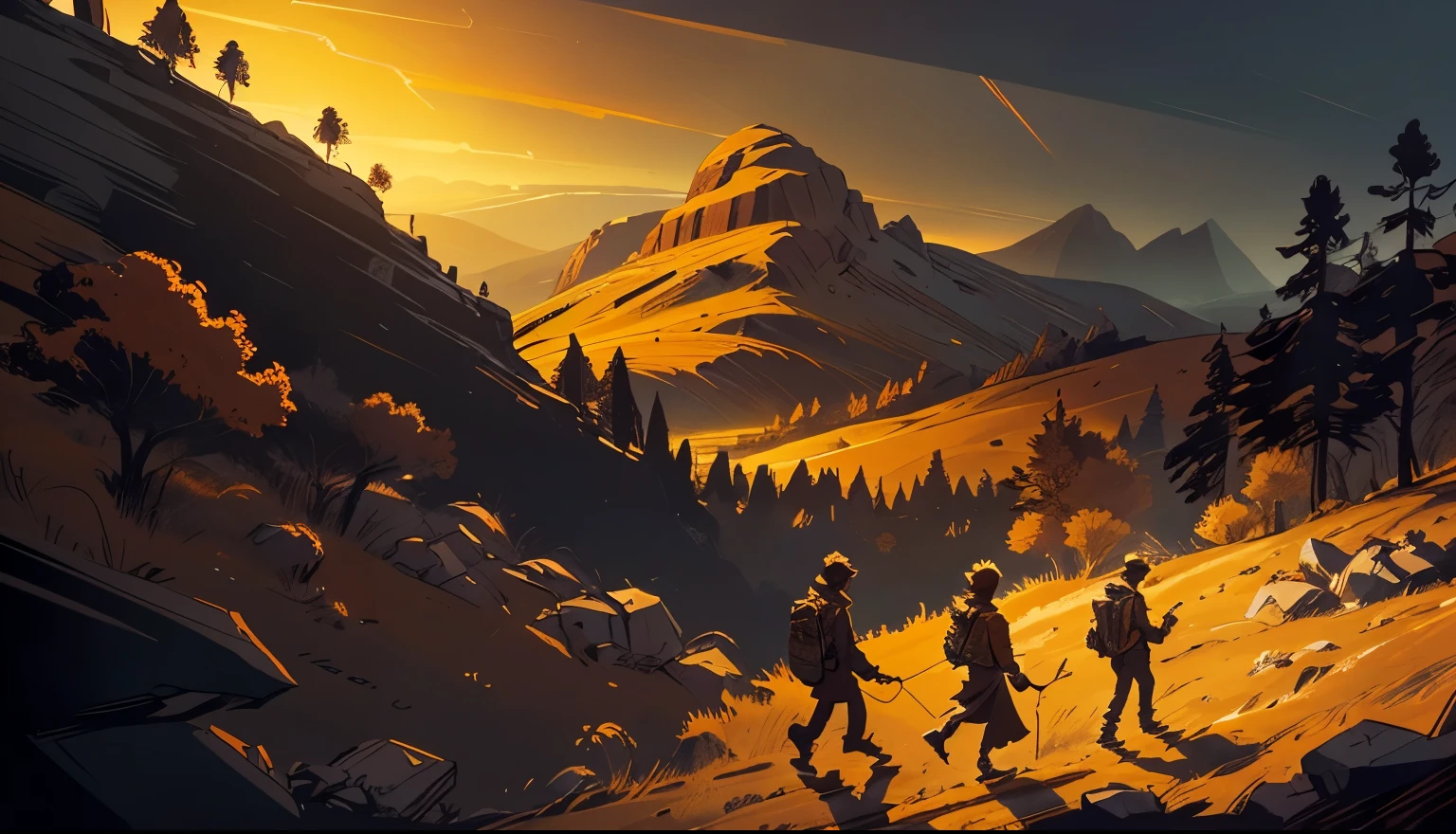 a group of people walking on a hill, sketches, digital illustration, detailed sketch, dynamic composition, dramatic lighting, warm color palette, cinematic atmosphere, high-contrast, rough textures, intricate details, expressive linework, depth of field, dramatic shadows, moody tones, stylized realism