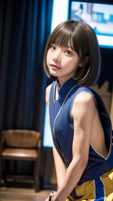 A beautiful Japanese girl is depicted。She has short black hair、Big eyes are characteristic.。The background is a fantastic color scheme based on pink and blue.、Floating spheres are placed throughout、It creates a futuristic and dreamy atmosphere.。 
The beautiful girl is wearing a top made of thin, semi-transparent fabric.、The delicate sheen is reflected on the costume.。Posing with one hand on the floor、With your body leaning slightly backwards、Relaxed but looking straight into the camera、It emphasizes her presence。
As a photographic technique、It was shot in portrait mode.、By skillfully using light reflection and background bokeh effects,、It gives depth and dimension.。The overall use of soft light、Colorful bokeh in the background blends in、It beautifully expresses the ultra-realistic, live-action fantasy world.。