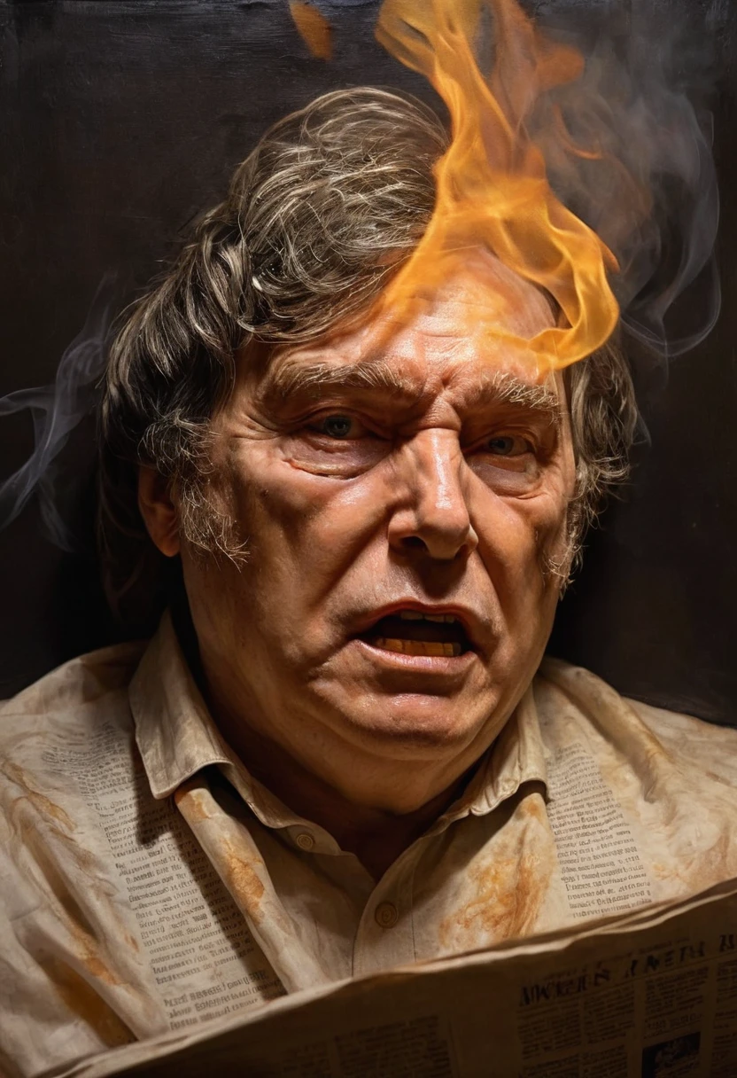 presidencia ignites a crumpled newspaper, dramatic shadows dancing across his stern face. Hyper-realistic oil painting style, warm amber flames illuminate wrinkled pages, smoke tendrils rising. Cinematic composition, ultra-detailed textures, golden hour lighting.