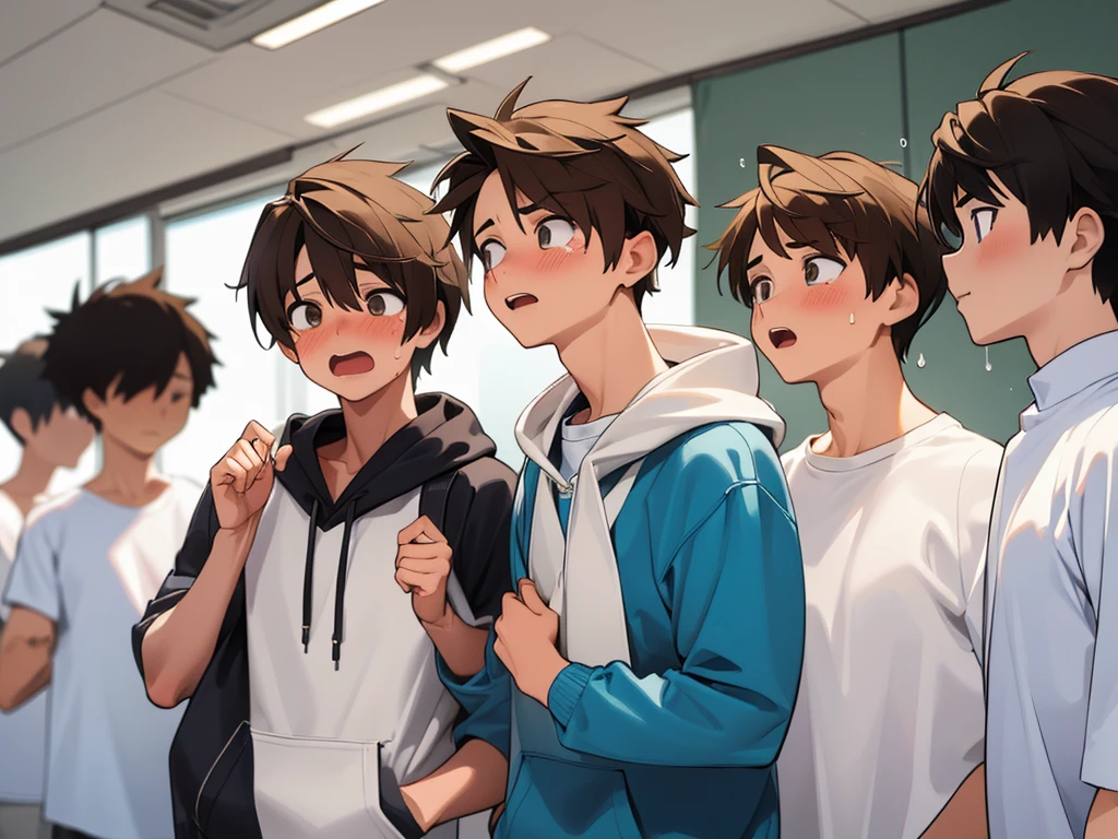 (( bright, fresh boys:1.4)),,( is cool:1.4,cute:1.1),Handsome guy,clavicle, Look Away ,(Rough Outfit ),The uniformity of rough clothing,(Rough Outfit の調整:1.4),Large hoodie,(Thin limbs:1.4),Smoothly,, Boys Multiple ,Boys only ,Concave and convex,Natural Beauties from All Sisters ,pure white,(Sudden,unreasonable, absurd with 22 people,MERCILESS,Forced conjugation , Irrational vector conjugation,),our ,After the athletic club training camp,All male members,In order starting with my seniors,(Suddenour ちんこ取れた:1.4),Even though I was a virgin,Best Quality, Kampala,Artwork,4K,8K resolution, fine details,Anime-like,Fresh,Fat is on him ,( sexually aroused,Blushing face,White Breath,sweat,tears:1.2),Real,, bi-boo,oniomai ,Mahiroka ,僕たちAll male members, tsf progress,(腰♀化),, The Awakening of Group Homosexuality,Mixed,Seniors are already female and juniors have become female,