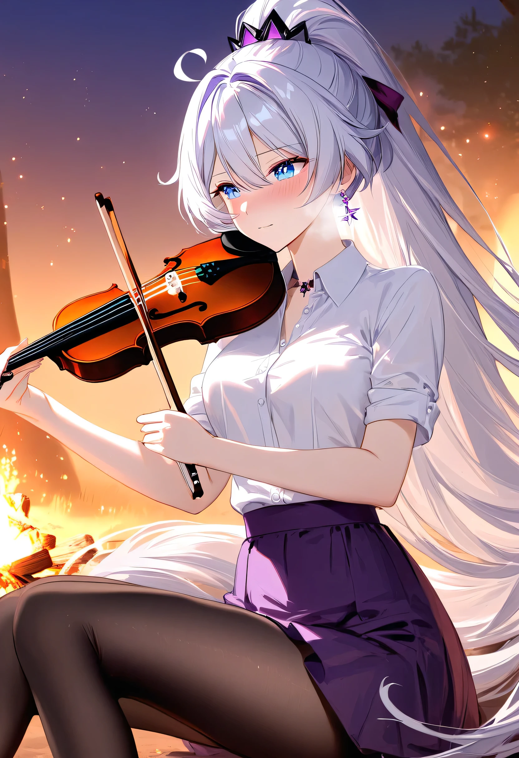 
A girl is playing violin bow by the campfire, campfire circle, acoustic violin bow, playing instrument, strumming gently, medium close-up, under the warm glow of the fire with friends listening and stars twinkling above, 1girl, adult grown woman, kiana kaslana \(honkai impact 3rd\), herrscher of finality, white hair, ahoge, ponytail, very long hair, blue eyes, purple pupils, medium breast, skinny skin, blush, closed mouth, heavy breathing, White shirt, Collared shirt, Short skirt, purple Skirt, pantyhose, (masterpiece:1.2), (best quality:1.2), (very aesthetic:1.2), (absurdres:1.2), (detailed background), (detailed face:1.1), masterpiece, best quality, beautiful detailed eyes, 