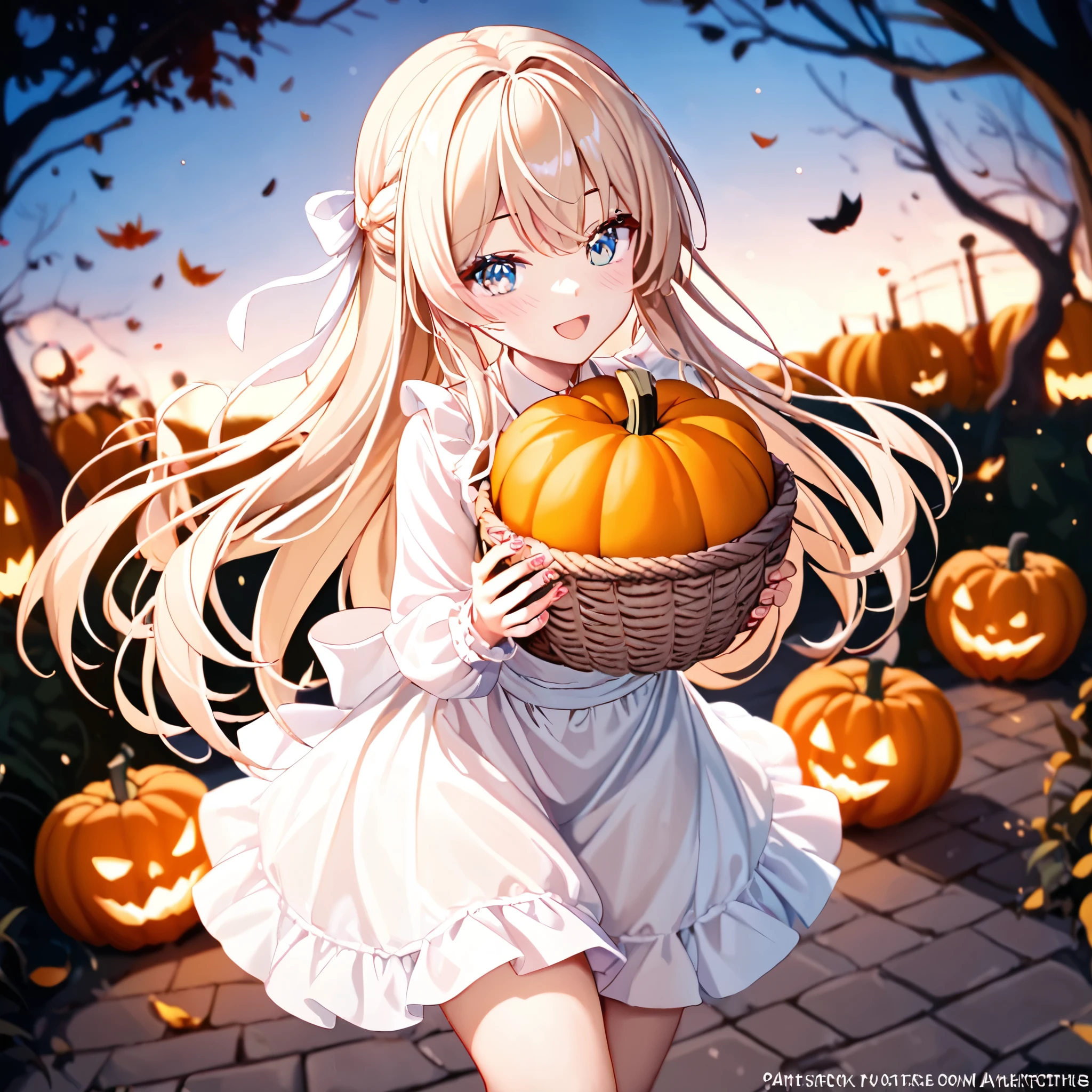 (masterpiece, best quality, high resolution), a basket of pumpkins