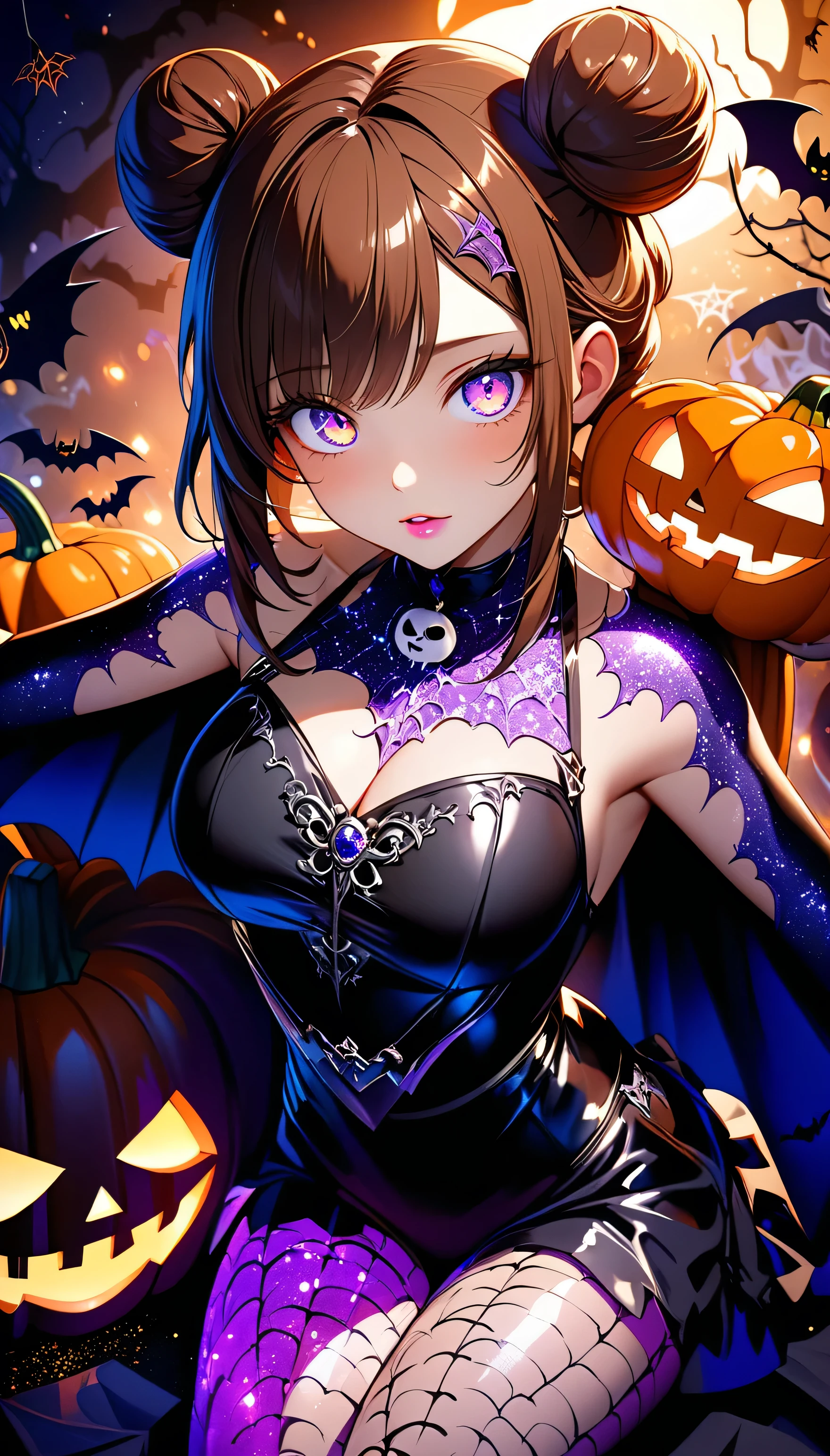 (beautiful girl:1.3),masterpiece,Please redeem,Ultra-high resolution,rich contrast,Very high quality,8k,Highly detailed CG unit wallpaper,Texture,So ridiculous,RAW Photos,Highest quality anime,Depth of written boundary 1.2,ultra-detailed eyes,Glowing Skin,Glitter Effect,Beautiful glossy lips,(double pumpkinbuns,Brown Hair),( Halloween ),Looks like she&#39;s about 15,ROUGH,The tip of the skirt is equipped with a round light that emits yellow light