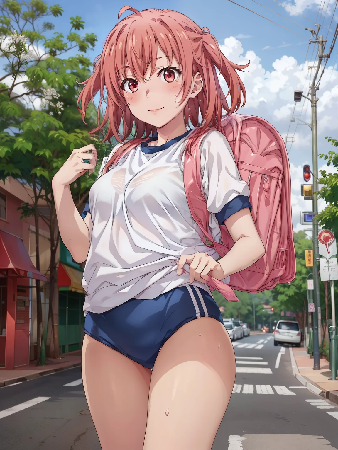 ((Best Quality, Kampala, perfect pixel, 4K)), ( beautiful anime girl ), depth of field、
yuigahama yui,
(blush)、smile、sweat、
carrying randoseru backpack and wearing navy buruma and gym uniform with colored hem,
Thighs、
street、spring、