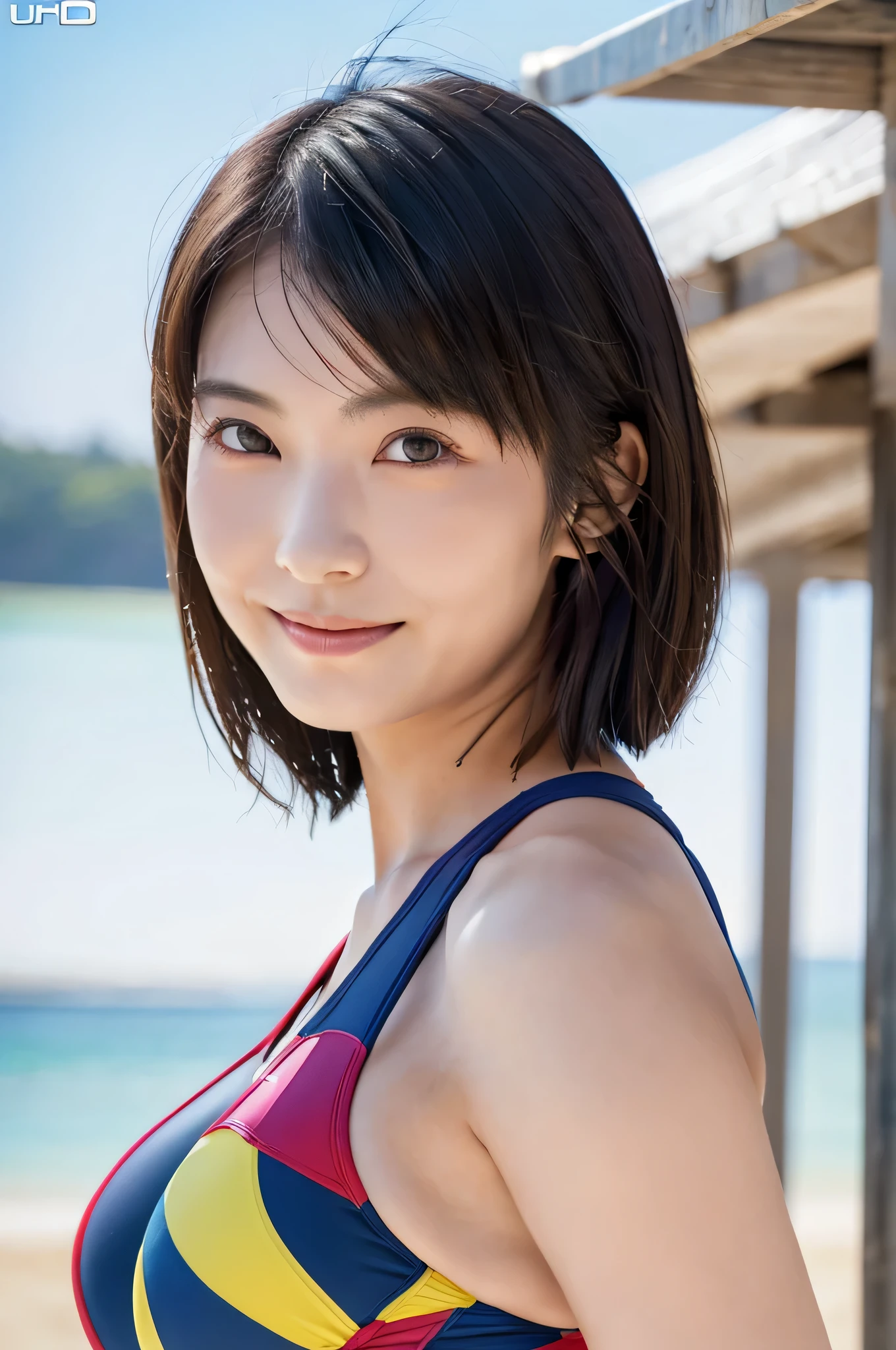 20 year old Japanese woman with a lush figure wearing a competitive swimsuit, ((enormous breasts)), ((breasts larger than face)), ((super breasts)), looking directly at the camera with a toothy smile, in an erotic pose, on the beach, full body shot, (best quality, 4k, 8k, highres, masterpiece:1.2), ultra-detailed, (realistic, photorealistic, photo-realistic:1.37), HDR, UHD, studio lighting, ultra-fine painting, sharp focus, physically-based rendering, extreme detail description, professional, vivid colors, bokeh, portrait, photography