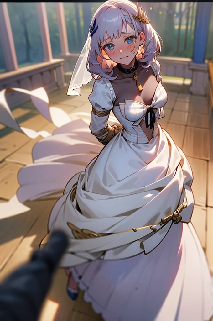 Bondage, in a princess line wedding dress, tightly bound, tied up with ropes, 3 hemp ropes on and under her chest, hands tied behind her back, cute, embarrassed expression, tied up ankles, highly detailed, erotic, masterpiece, 8k, photorealistic, beautiful eyes, crying, gaged mouth, collar on neck,