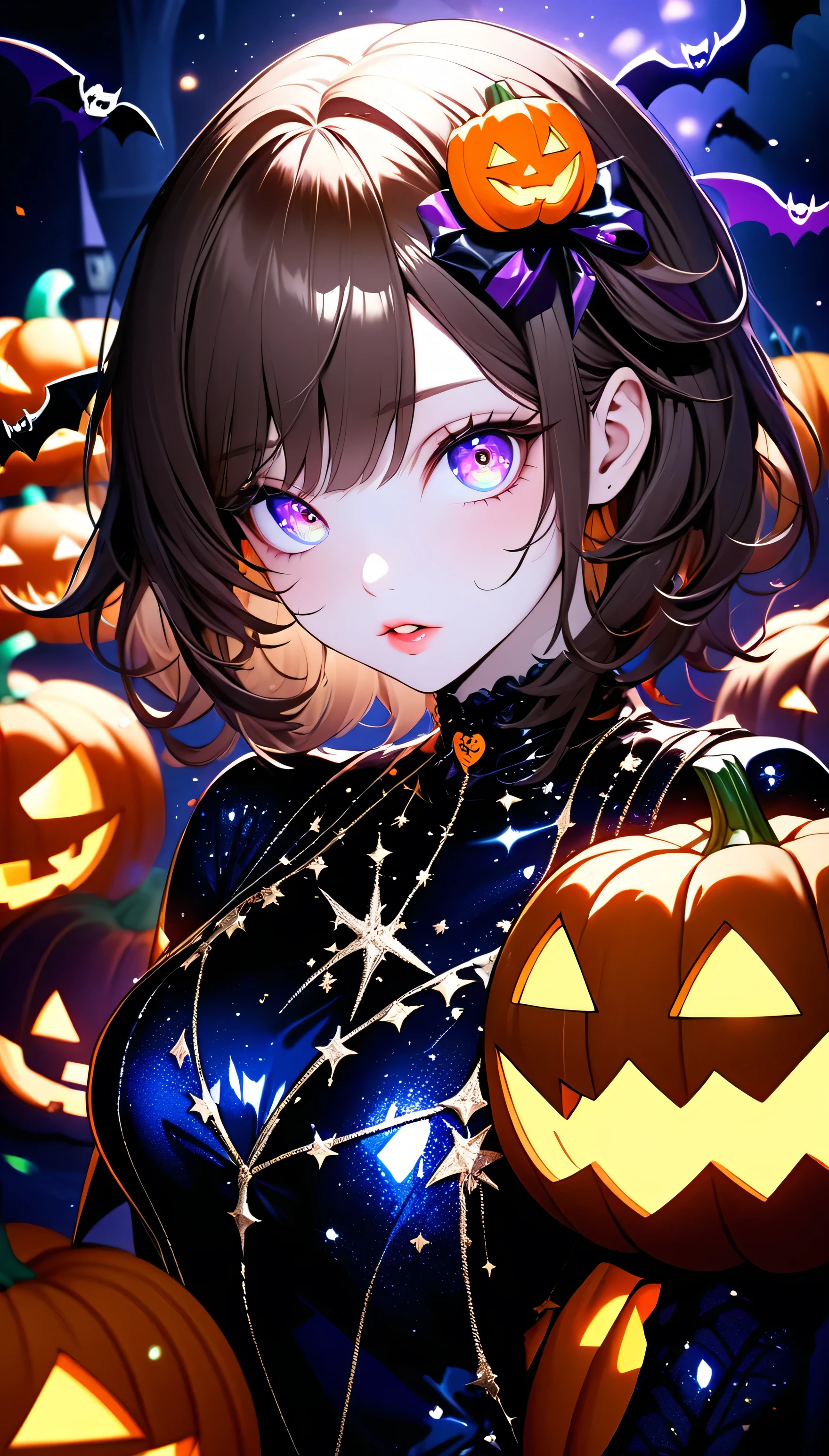 (beautiful girl:1.3),masterpiece,Please redeem,Ultra-high resolution,rich contrast,Very high quality,8k,Highly detailed CG unit wallpaper,Texture,So ridiculous,RAW Photos,Highest quality anime,Depth of written boundary 1.2,ultra-detailed eyes,Glowing Skin,Glitter Effect,Beautiful glossy lips,(double pumpkinbuns,Brown Hair),( Halloween ),Looks like she&#39;s about 15,ROUGH,(The tip of the skirt is equipped with a round light that emits yellow light).big and round butt,girl　Alone, fantastic,(Rear View:2.0),(Close-up on the nape:2.0),smile, closed mouth