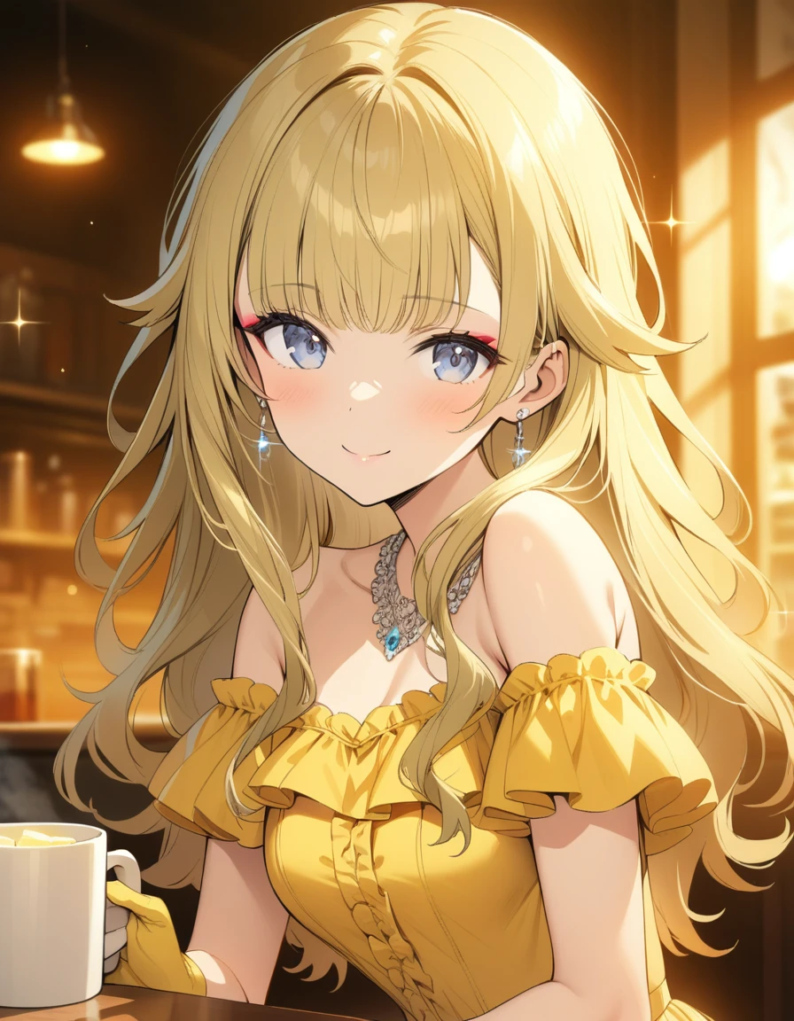 ((masterpiece)),(((best quality))),((ultra-detailed)),((illustration)),((disheveled hair)),((frills)),(1 girl),(solo), 1girl, bare_shoulders, butter, cup, dress, earrings, jewelry, makeup, mug, off_shoulder, smile, solo, yellow_dress, yellow_gloves, rating:safe, sparkle, blonde_hair, grey_eyes