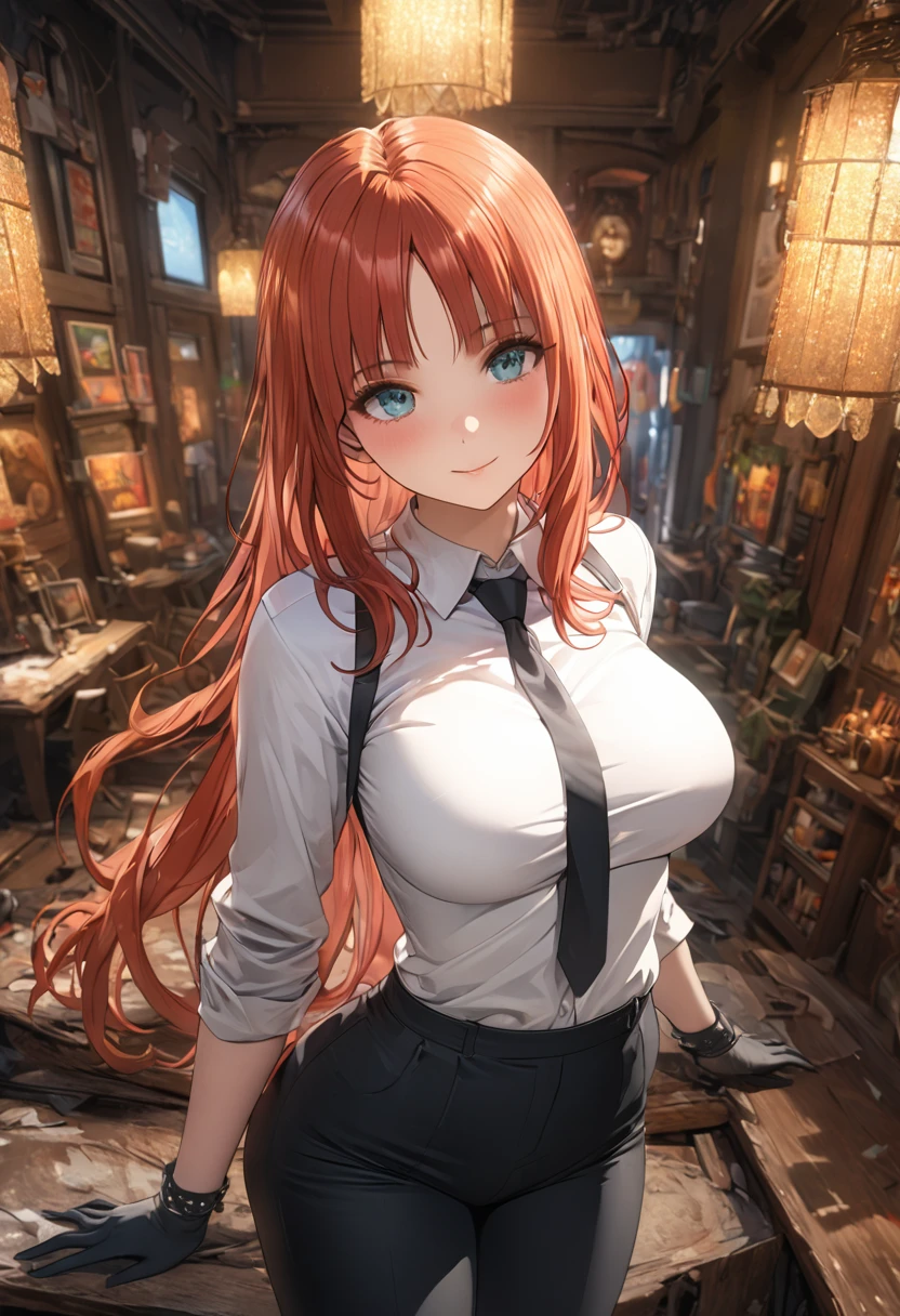 1 woman, wearing a white button-up shirt with a black tie, black suspenders over the shirt, black gloves, black pants, full body, detailed background, (best quality, masterpiece, 4k, 8k, uhd, hdr, ultra-detailed,vivid colors, studio lighting, full body, physically-based rendering, sharp focus, professional), nilou, niloudress, frilled, perfect breasts, perfect body, whole body
