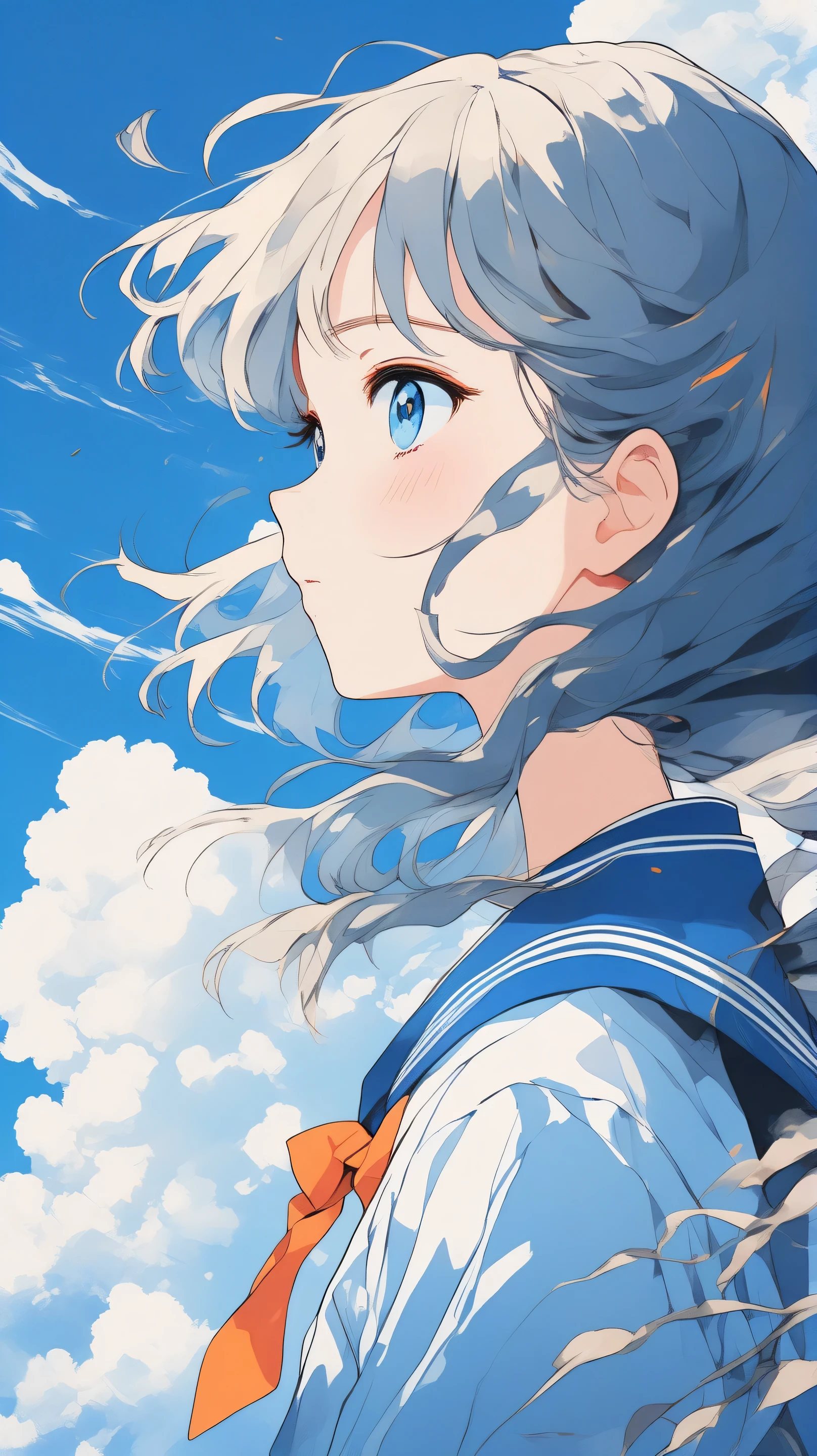 Illustrator, anime, realistic sketch, abstract background, body, looking up at the sky, profile, blue hair, short bob, the girl positioned on the right, Canada. (Masterpiece, best quality), white gradient, high-quality OP, still images, very happy, detailed, high image quality, masterpiece, accurate, ultra-detailed.
A vibrant and detailed anime-style illustration depicting a young girl with a casual hairstyle and big, expressive blue eyes. She is wearing a traditional Japanese school uniform with a blue sailor top and an orange neckerchief. The background showcases a gorgeous bright blue sky filled with fluffy white clouds and lots of sunshine, creating a dynamic and uplifting atmosphere.
The scene evokes a sense of wonder and contemplation. The composition is well-balanced, with the vast sky dominating the scene, giving a full-body perspective of the girl.