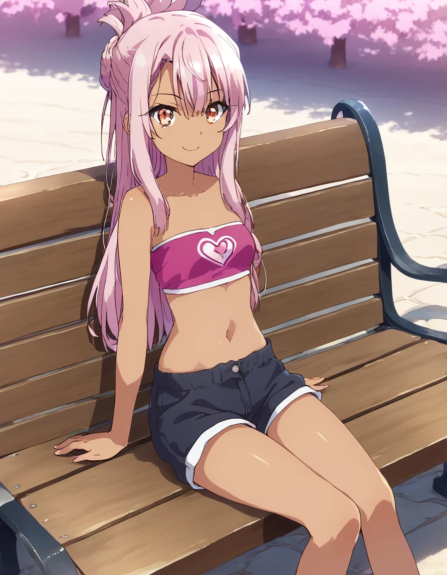 1girl,solo,smile,outdoor,midriff, pink tube top, shorts, thighighs,sitting,bench, chloe,dark_skinned_female,dark_skin,long_hair,pink_hair,yellow_eyes,hair_between_eyes,white_hair,bangs,small_breasts,,half_updo,one_side_up, young girl, loli, (takeda hiromitsu), slender waist, nice hips,