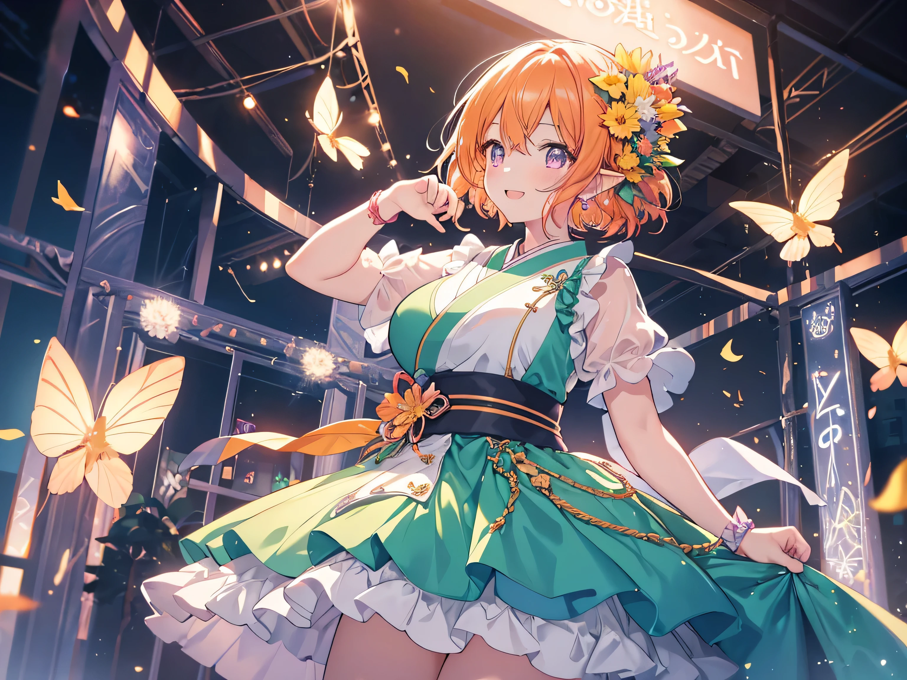 Live, Love Live!, Very light background , {{{Correct finger placement}}}, hopeful illustration , happiness, {{{9multicolored girls }}}, Singing and dancing, festival, beautiful detailed girls, Elf Ears, Game CG, Yellow Flower, profile, One curl on the outside, short bob hair, Pastel orange hair, purple eyes,Accessory solo, Bust Up, Medium Shoot , woman, smile, Big Breasts,, pastel green ruffle mini skirt, Black Knee High , {{{{{ wearing a pastel green Japanese-style dress }}}}}, opens her mouth, Daytime, wonderful, beautiful detailed eyes , best quality , Very delicate,Masseter muscle area, best quality ,(Official Art、 best quality 、 unity 8k Wallpaper 、32K、masterpiece、Super detailed、 super A high resolution 、 photorealistic :1.2)、(Cinema Lighting:1.2)、The most grainy shadows on the film、Rely on side lighting、 side shot、(Super detailed and complex 3D rendering)、