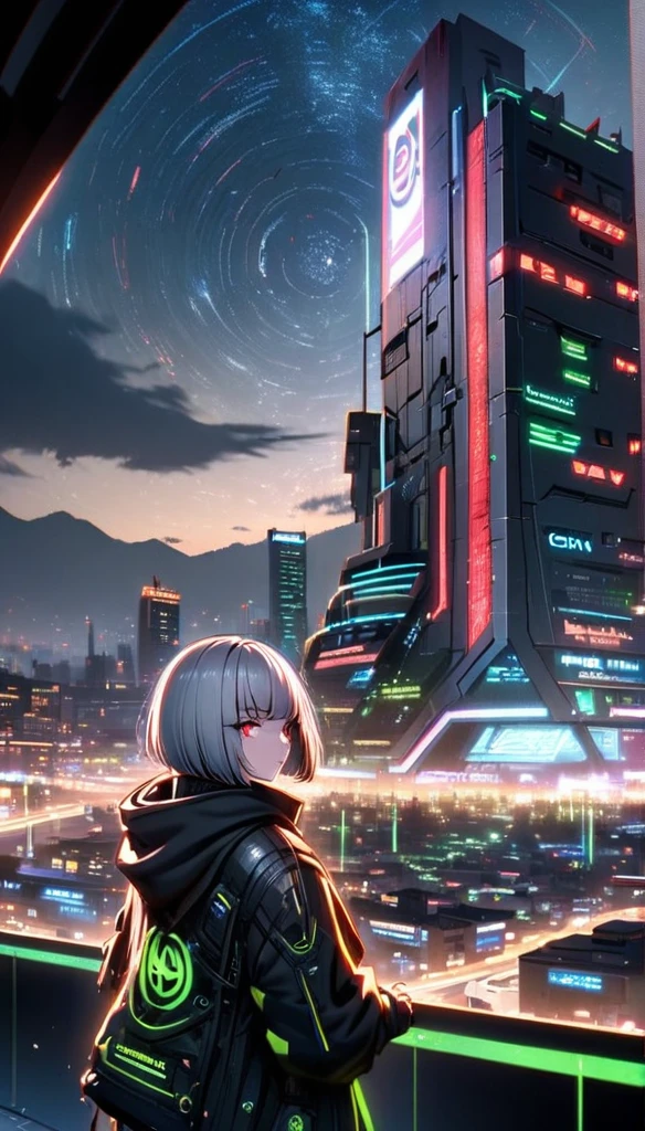 good looking,  beautiful girl, bob-cut hair, Gray Hair, Red eyes, Black hood, Futuristic,  Cyberpunk,  cybernetics， panorama,Night City, Kampala, I feel the gaze 